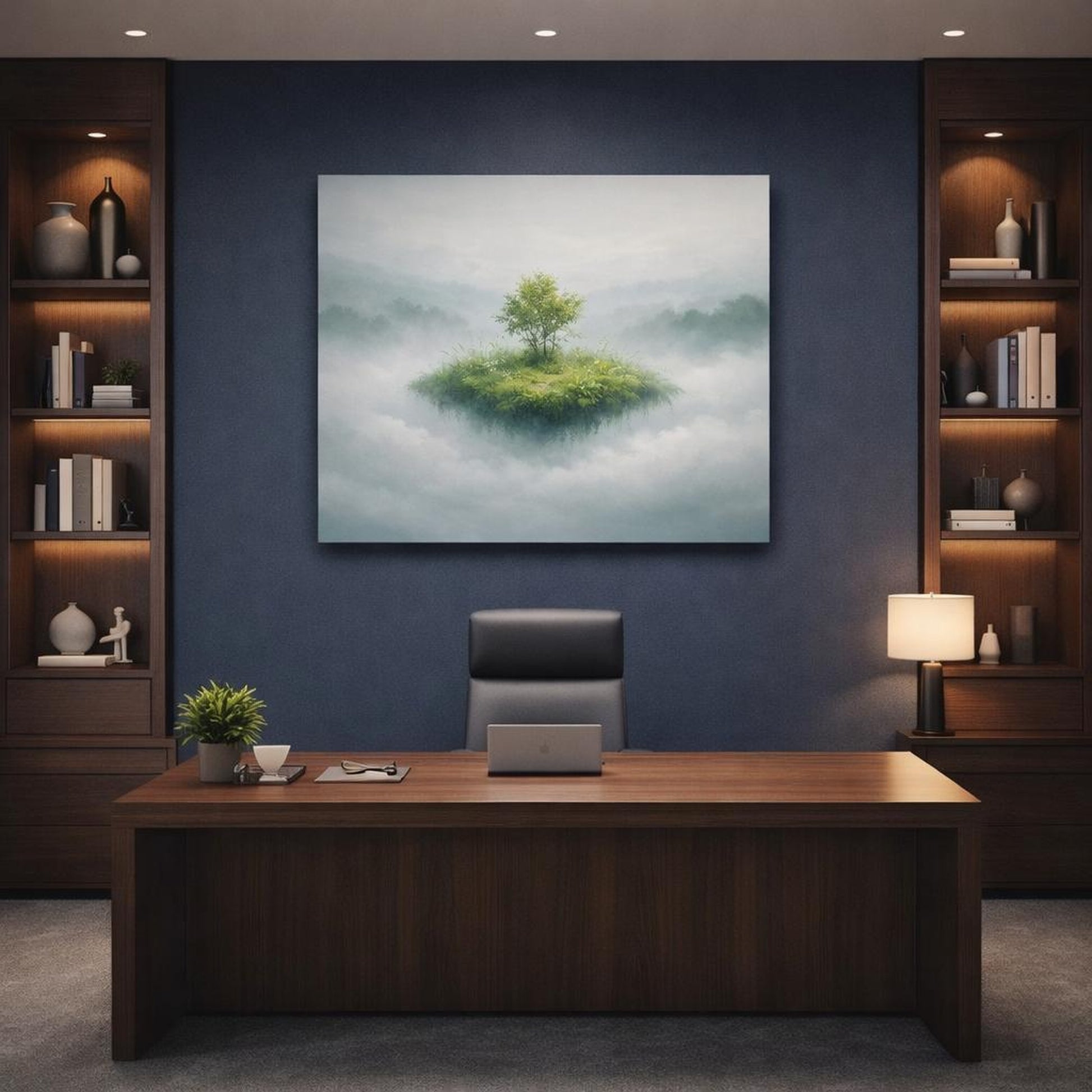 Mist Depth Leaves Green shown as canvas wall art in a refined dining room