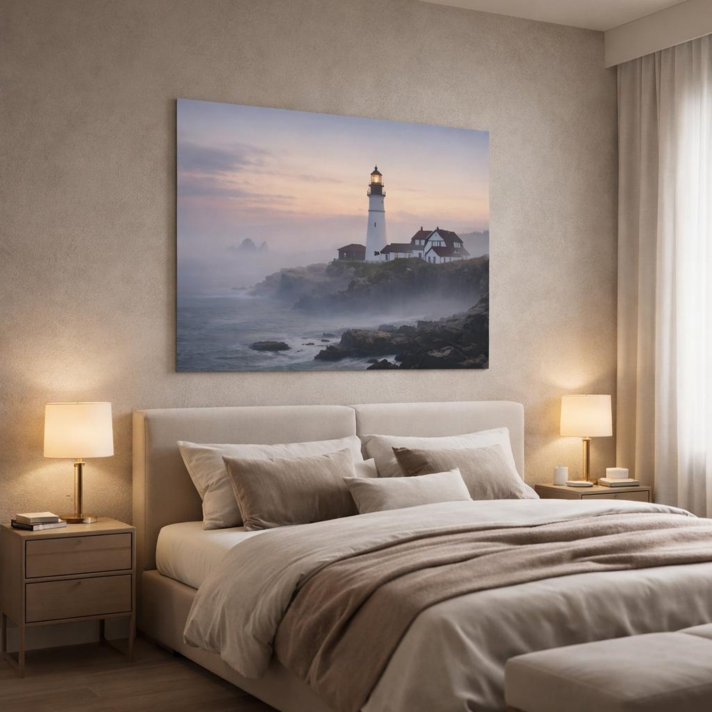 Mist Depth Lighthouse Coast shown as canvas wall art in a luxury bedroom