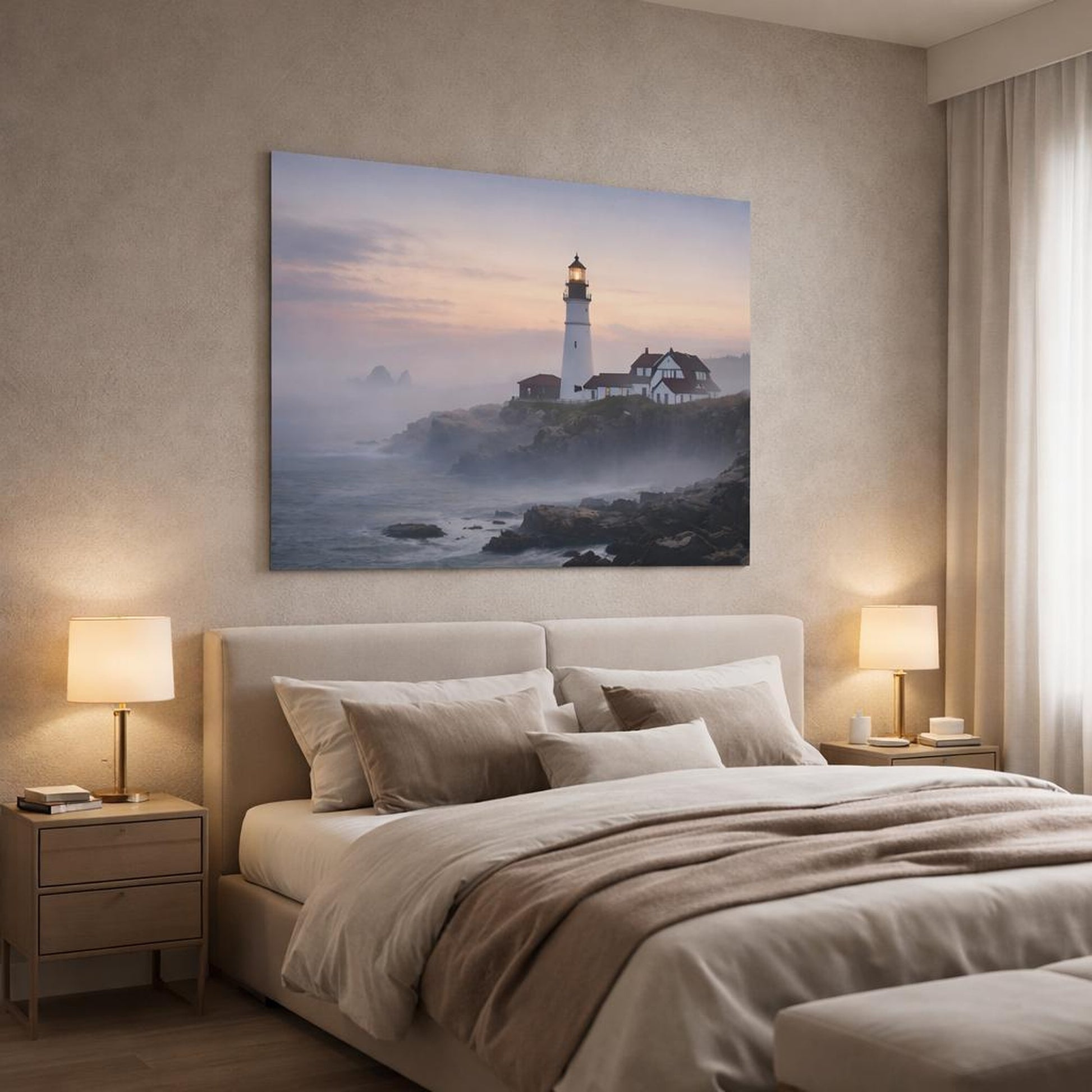 Mist Depth Lighthouse Coast shown as canvas wall art in a luxury bedroom
