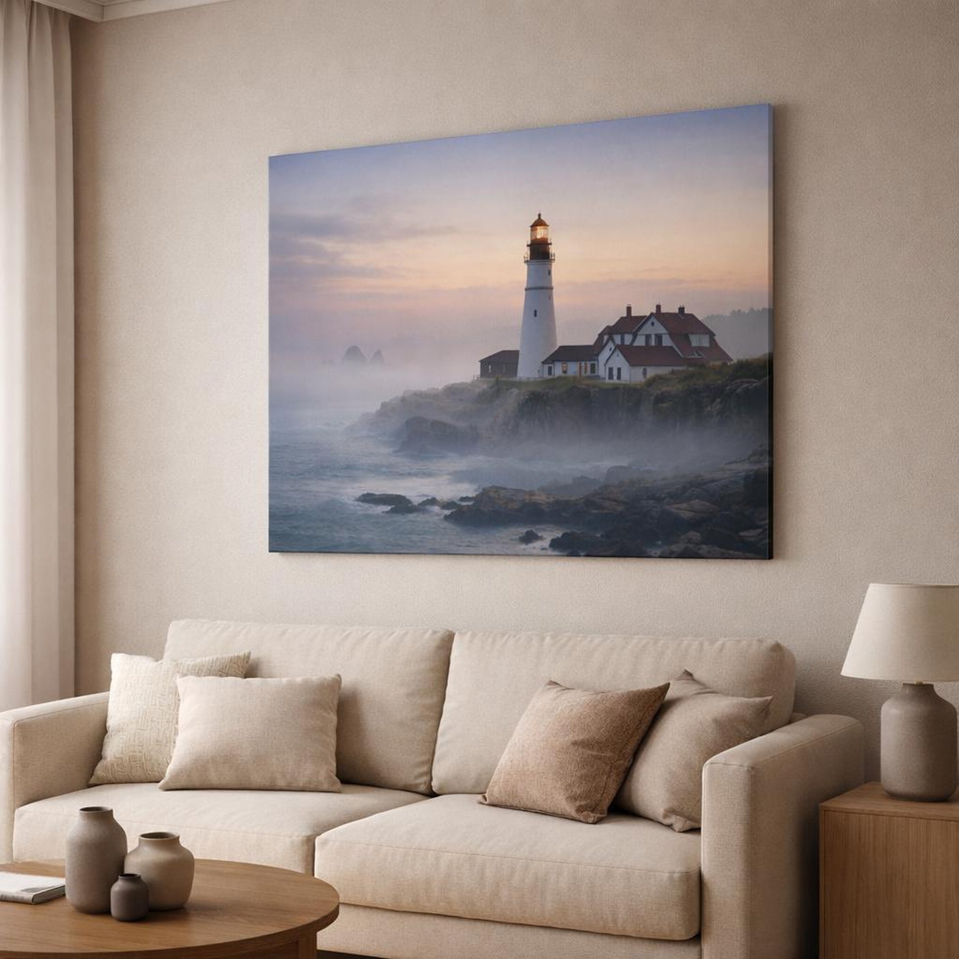 Mist Depth Lighthouse Coast shown as canvas wall art in a modern living room