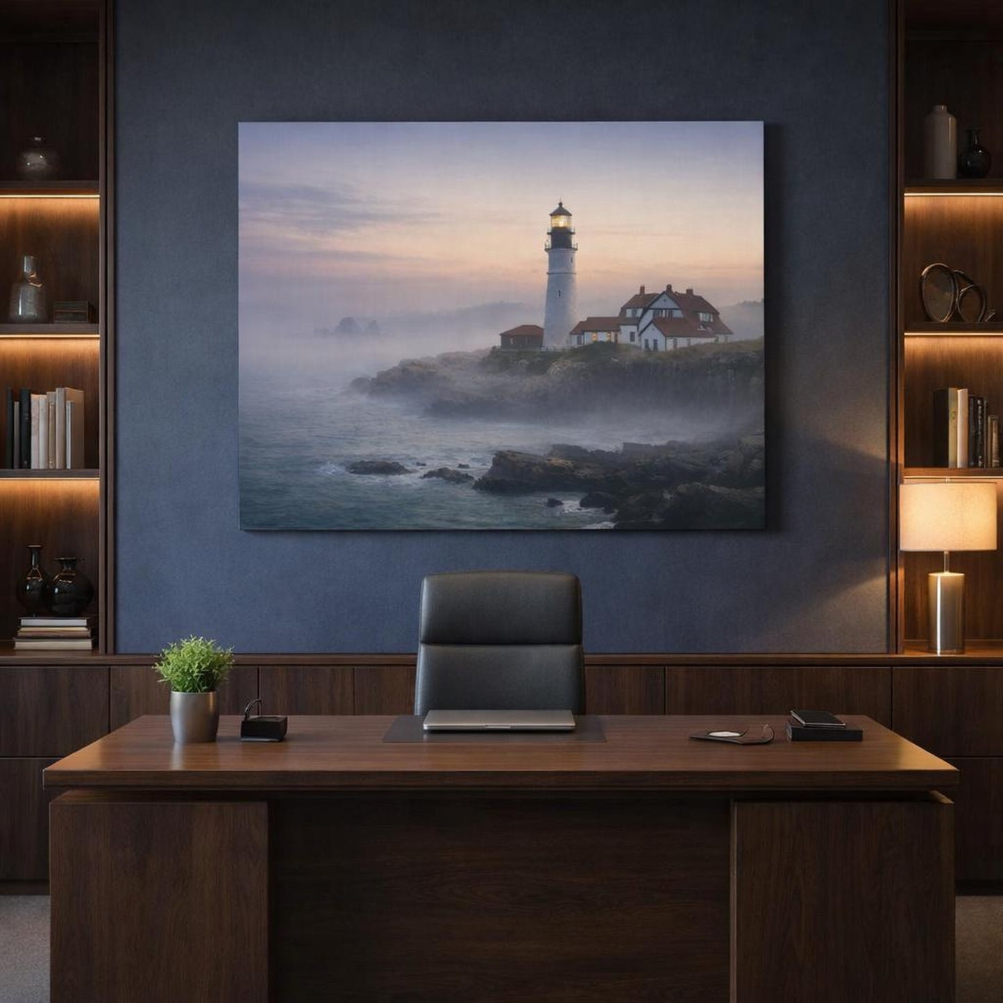 Mist Depth Lighthouse Coast shown as canvas wall art in a refined dining room