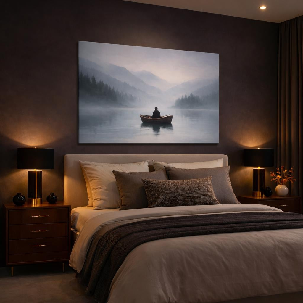 Mist Depth Lonely Boat shown as canvas wall art in a luxury bedroom
