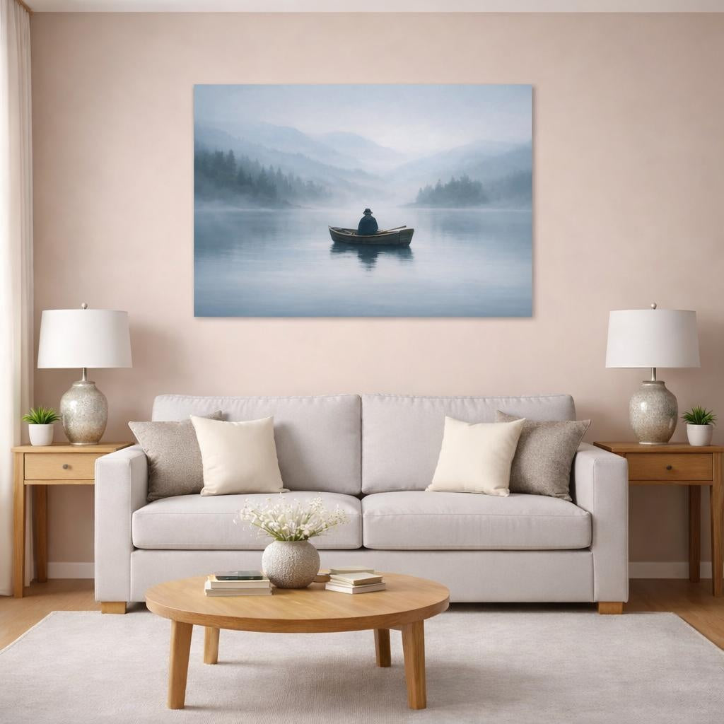 Mist Depth Lonely Boat shown as canvas wall art in a modern living room