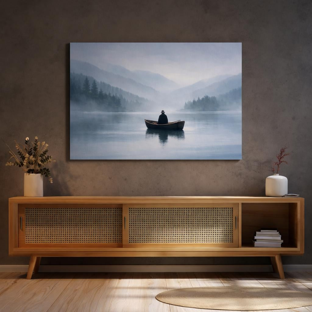 Mist Depth Lonely Boat shown as canvas wall art in a refined dining room