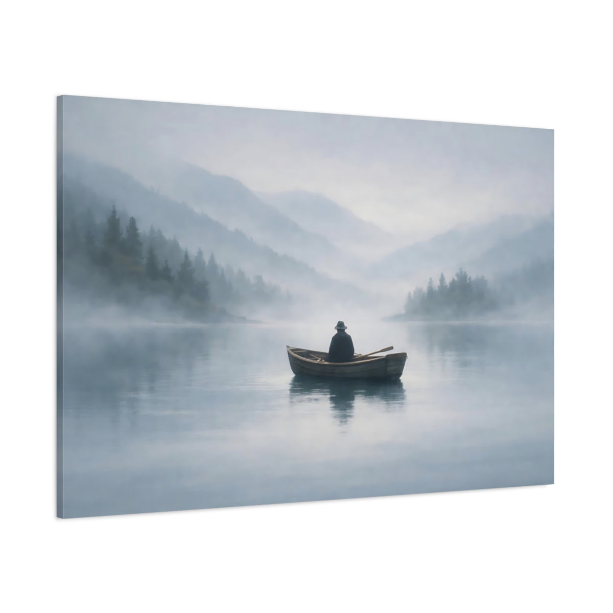 Mist Depth Lonely Boat shown as stretched canvas wall art