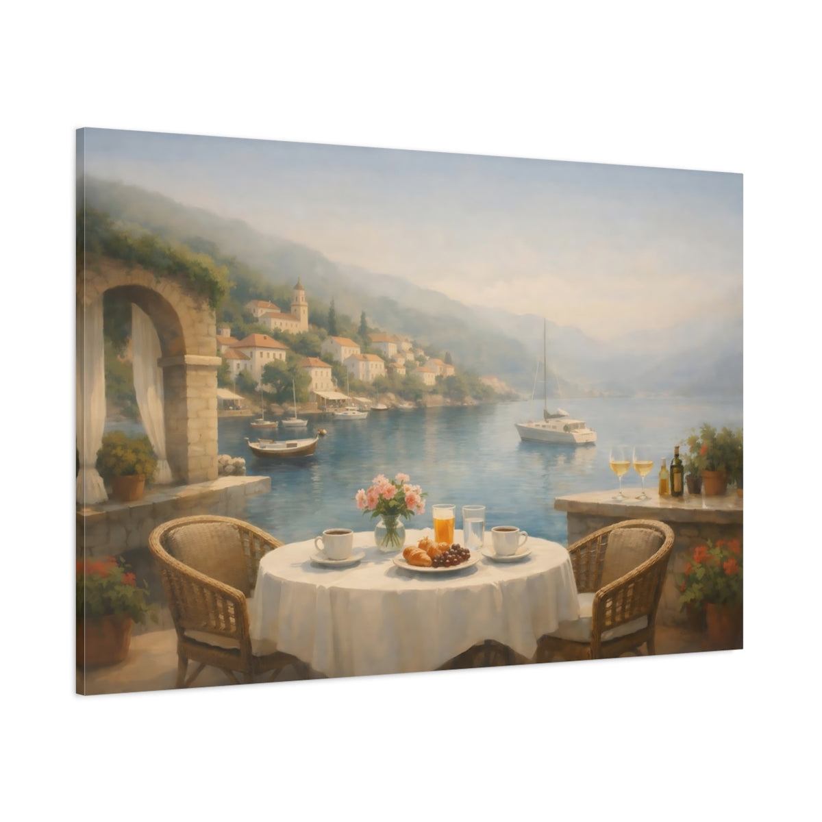 Main Mockup. Mist Depth Mediterranean Harbor Cafe shown as stretched canvas wall art