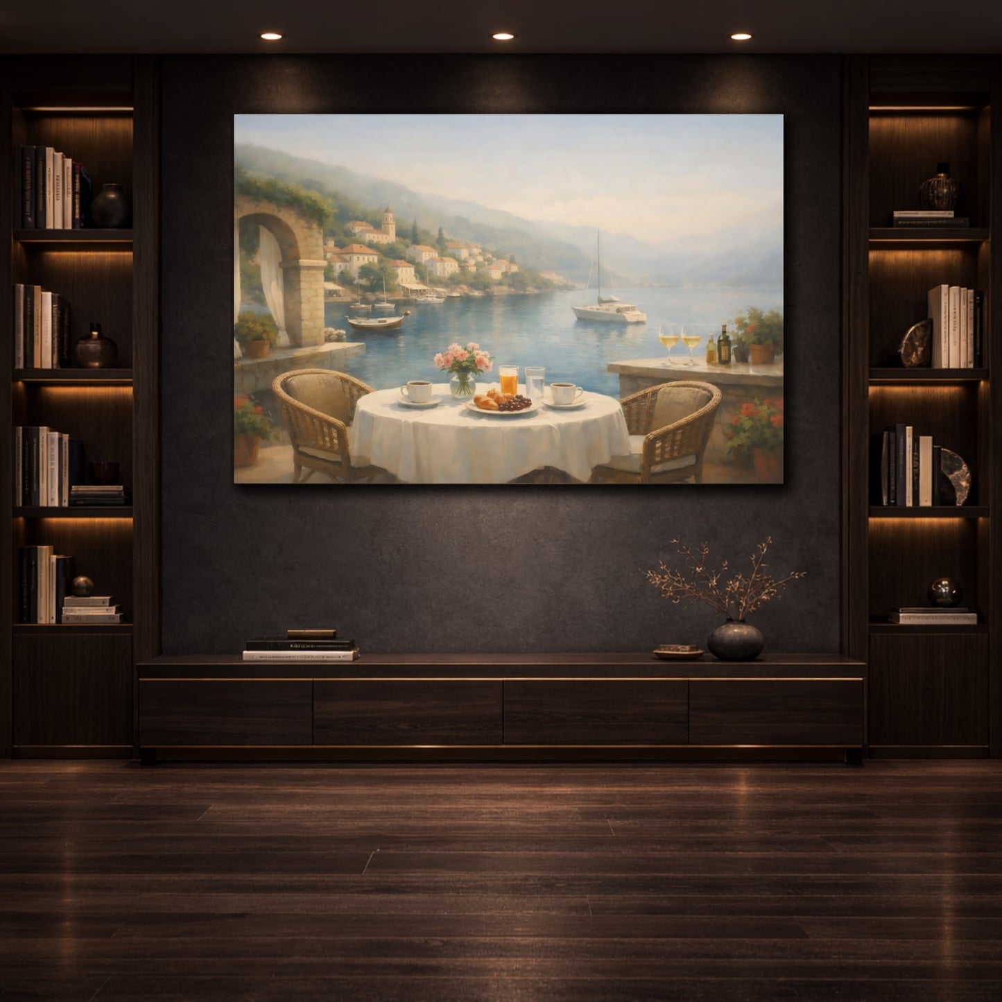 Mockup 2. Mist Depth Mediterranean Harbor Cafe shown as stretched canvas wall art