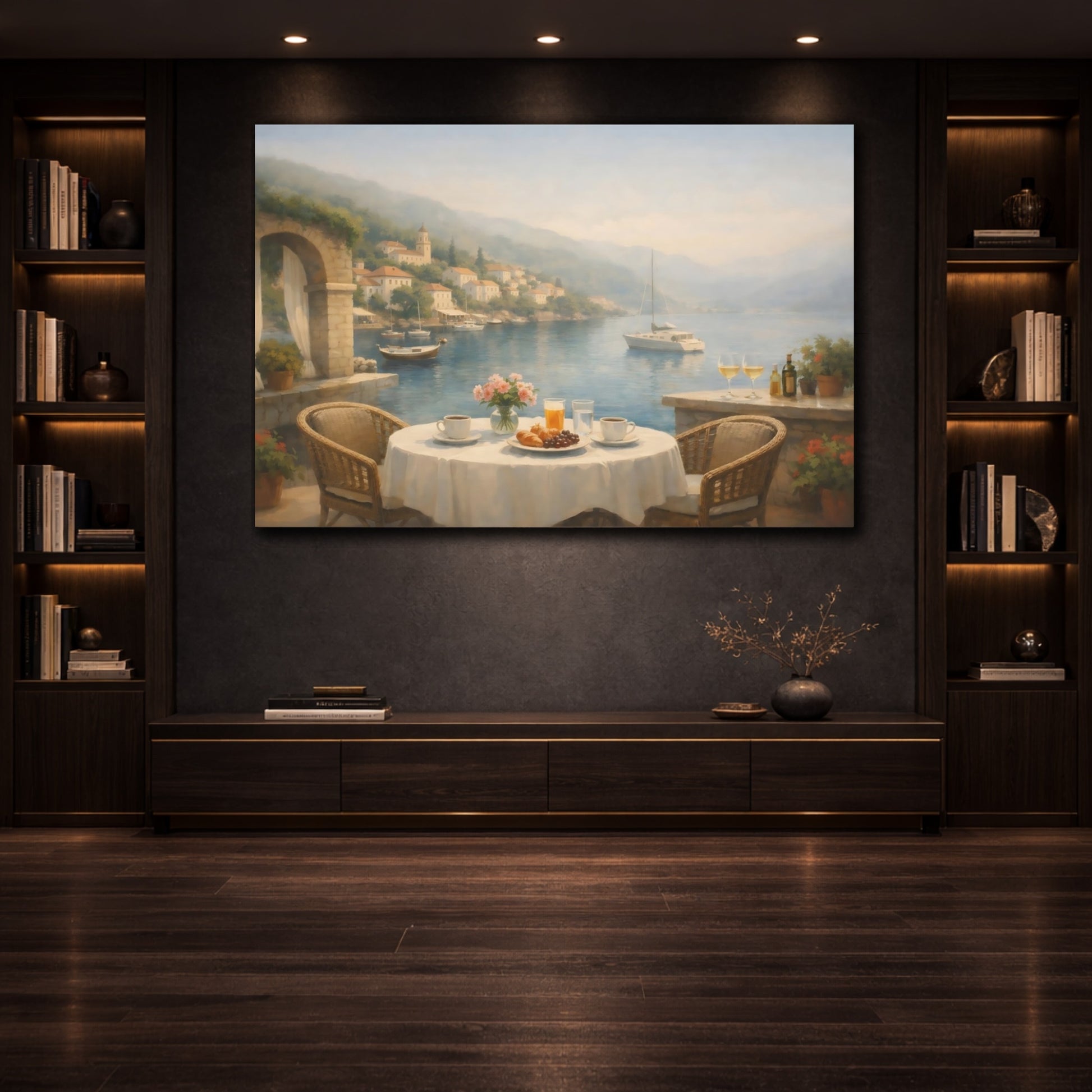 Mockup 2. Mist Depth Mediterranean Harbor Cafe shown as stretched canvas wall art
