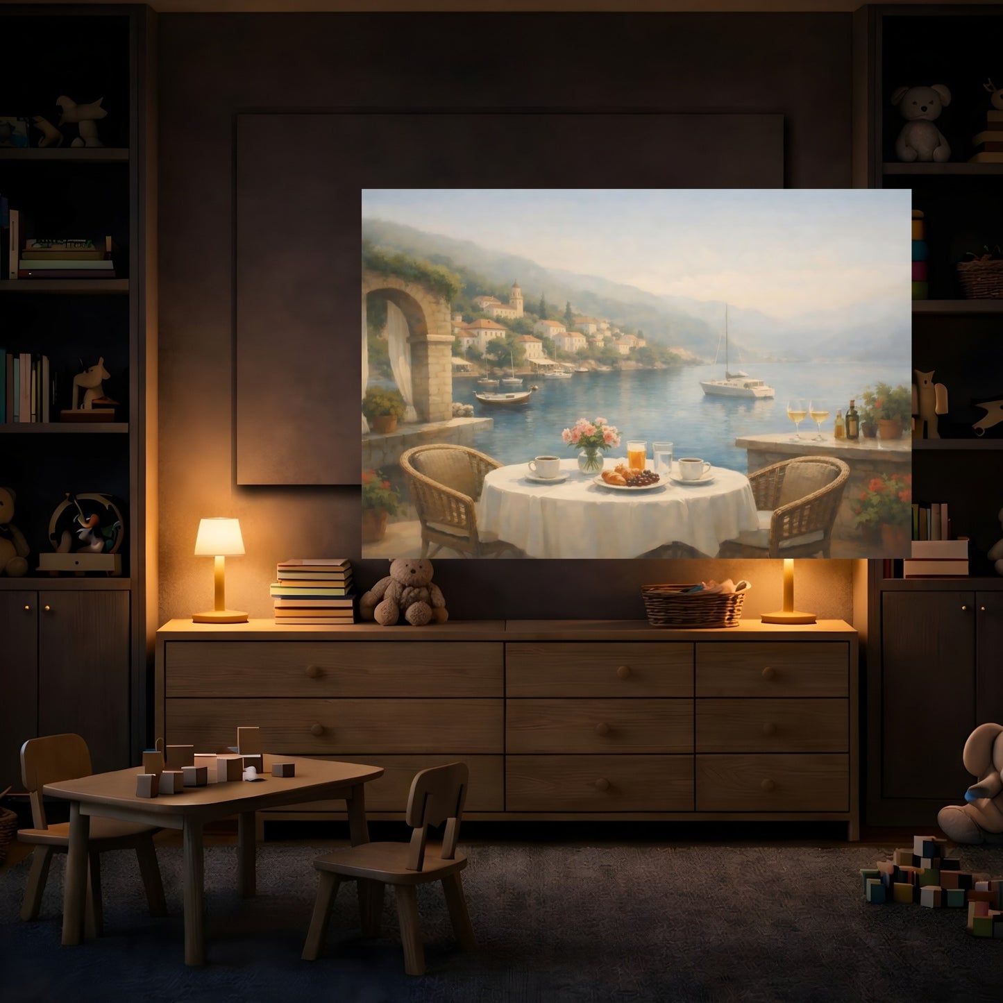 Mockup 3. Mist Depth Mediterranean Harbor Cafe shown as stretched canvas wall art