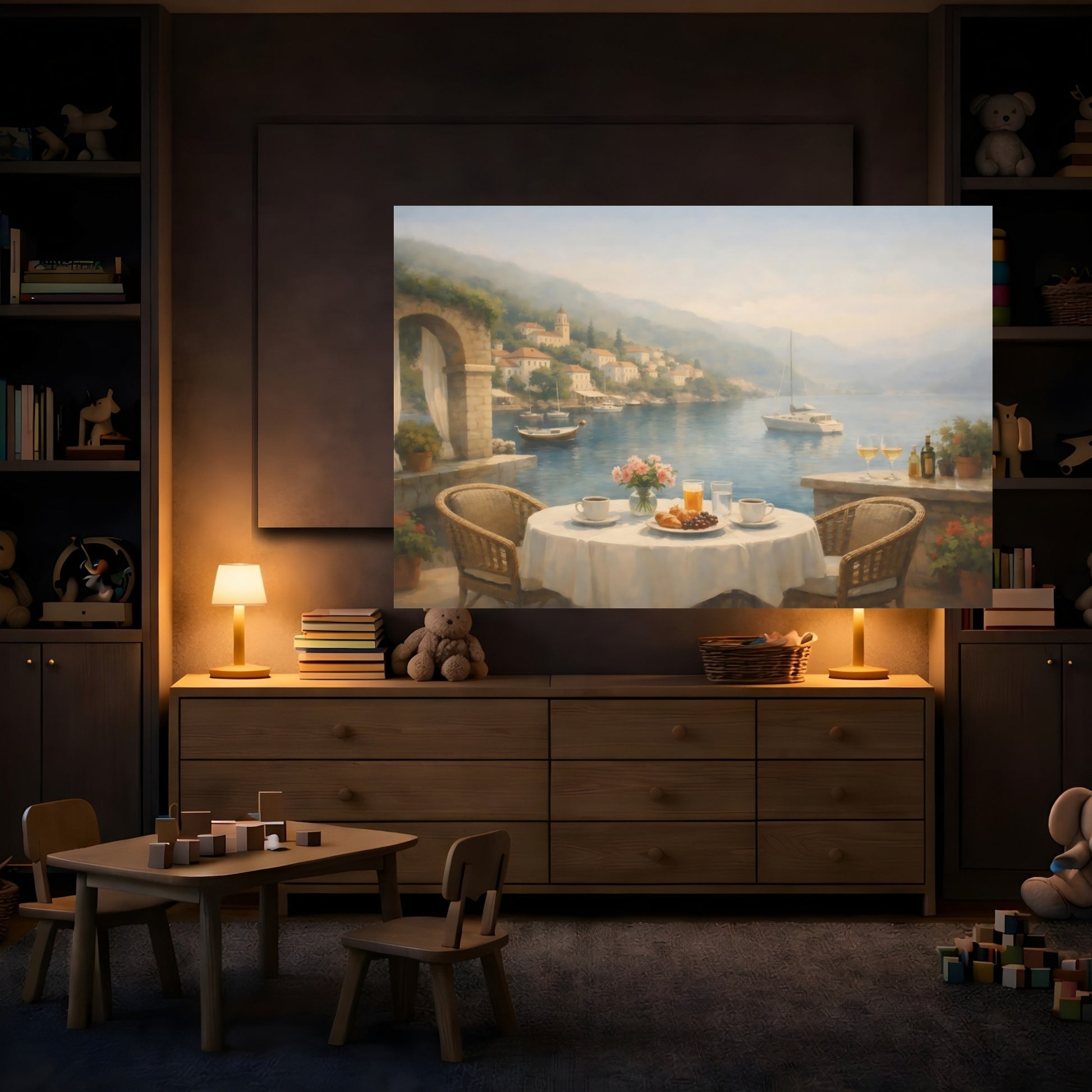 Mockup 3. Mist Depth Mediterranean Harbor Cafe shown as stretched canvas wall art