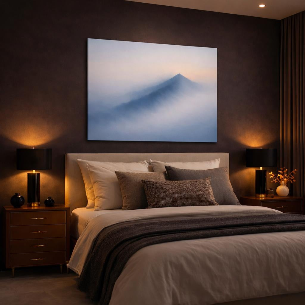 Mist Depth Minimal Abstract shown as canvas wall art in a luxury bedroom