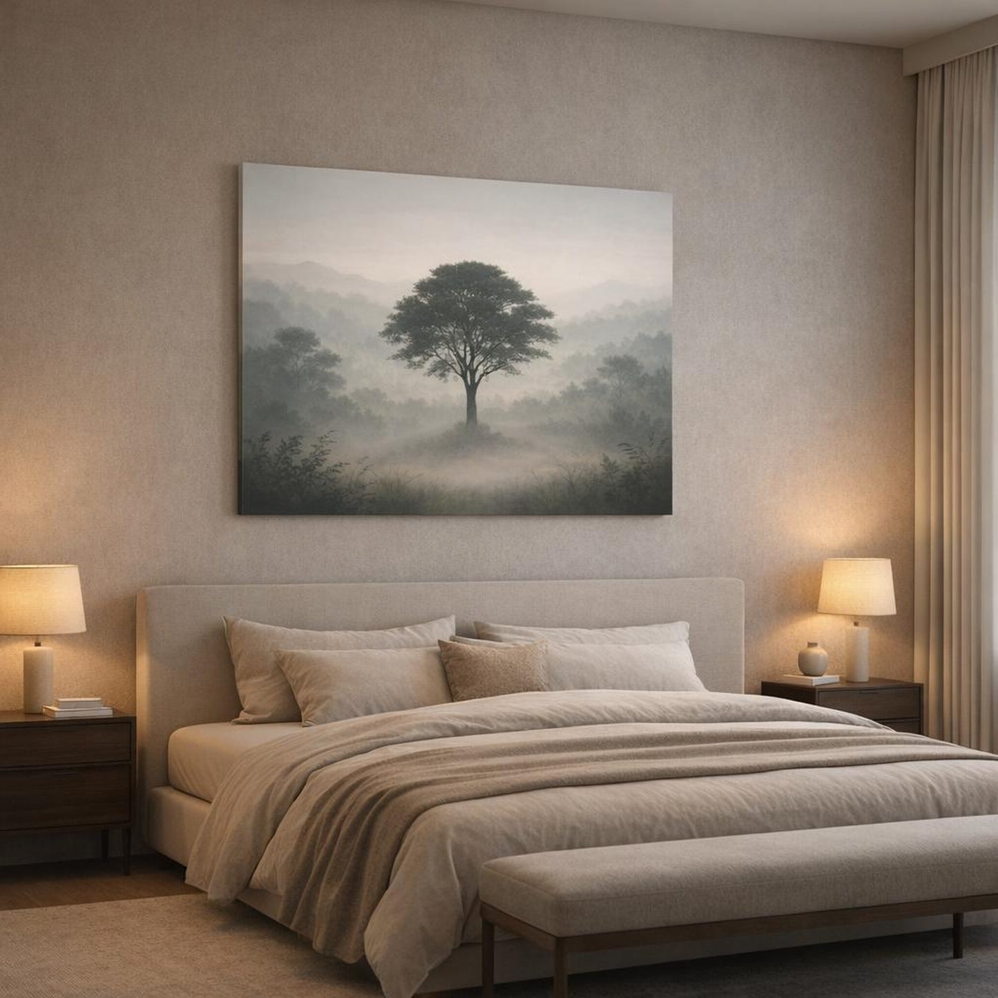 Mist Depth Neutral Botanicals shown as canvas wall art in a luxury bedroom