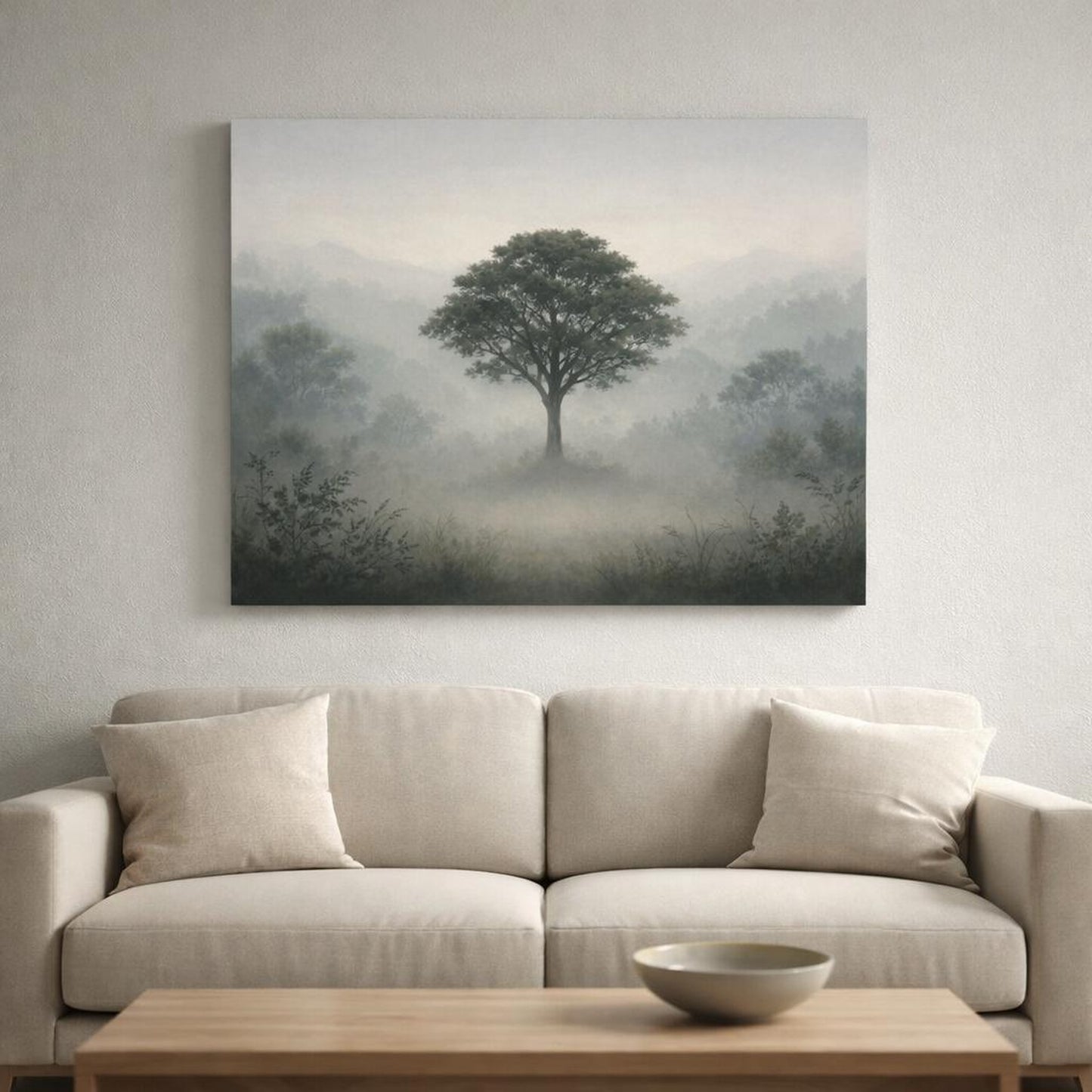 Mist Depth Neutral Botanicals shown as canvas wall art in a refined dining room