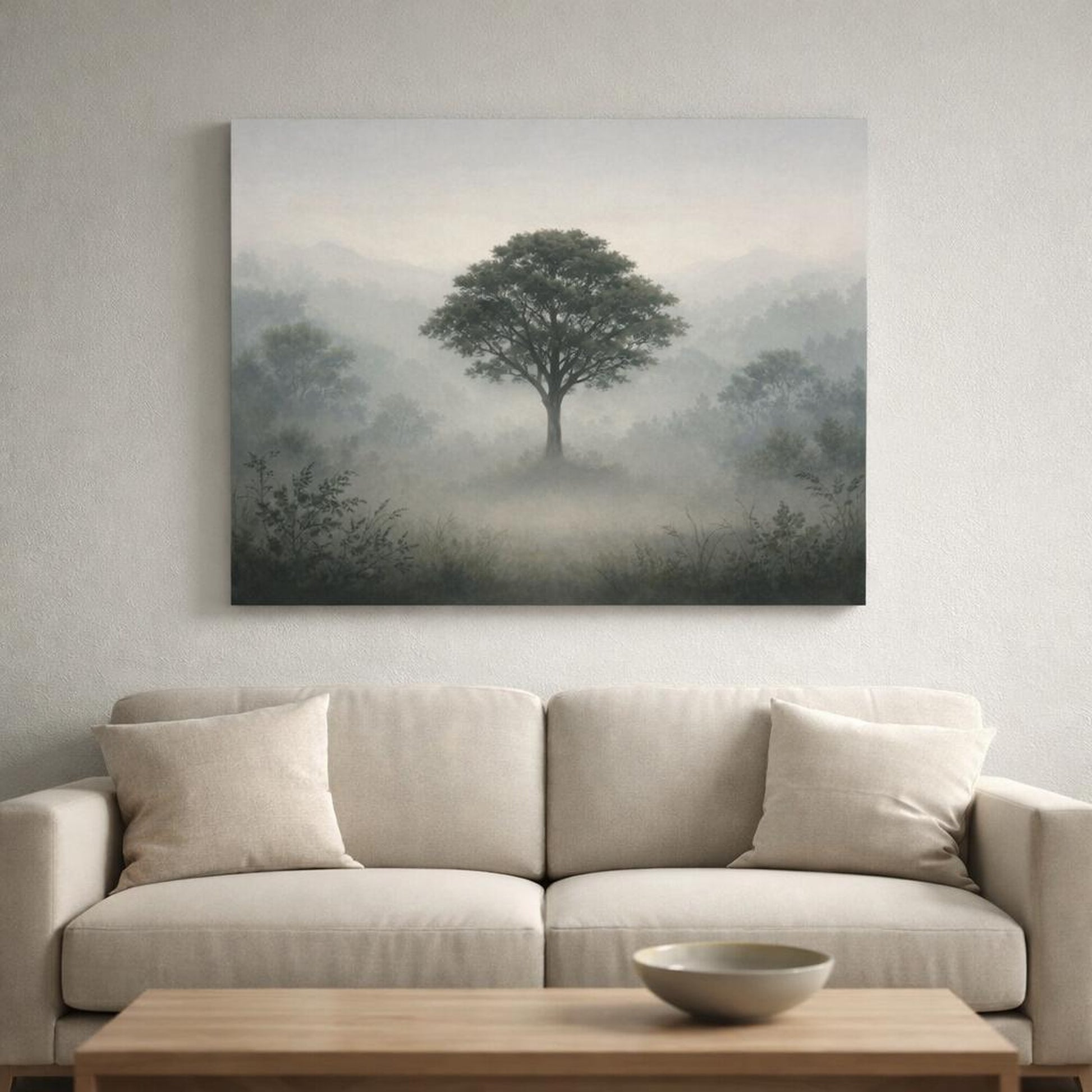 Mist Depth Neutral Botanicals shown as canvas wall art in a refined dining room