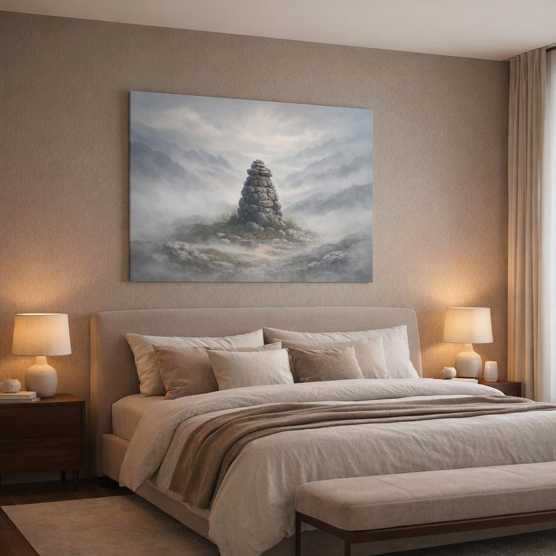 Mist Depth Neutral Texture shown as canvas wall art in a luxury bedroom