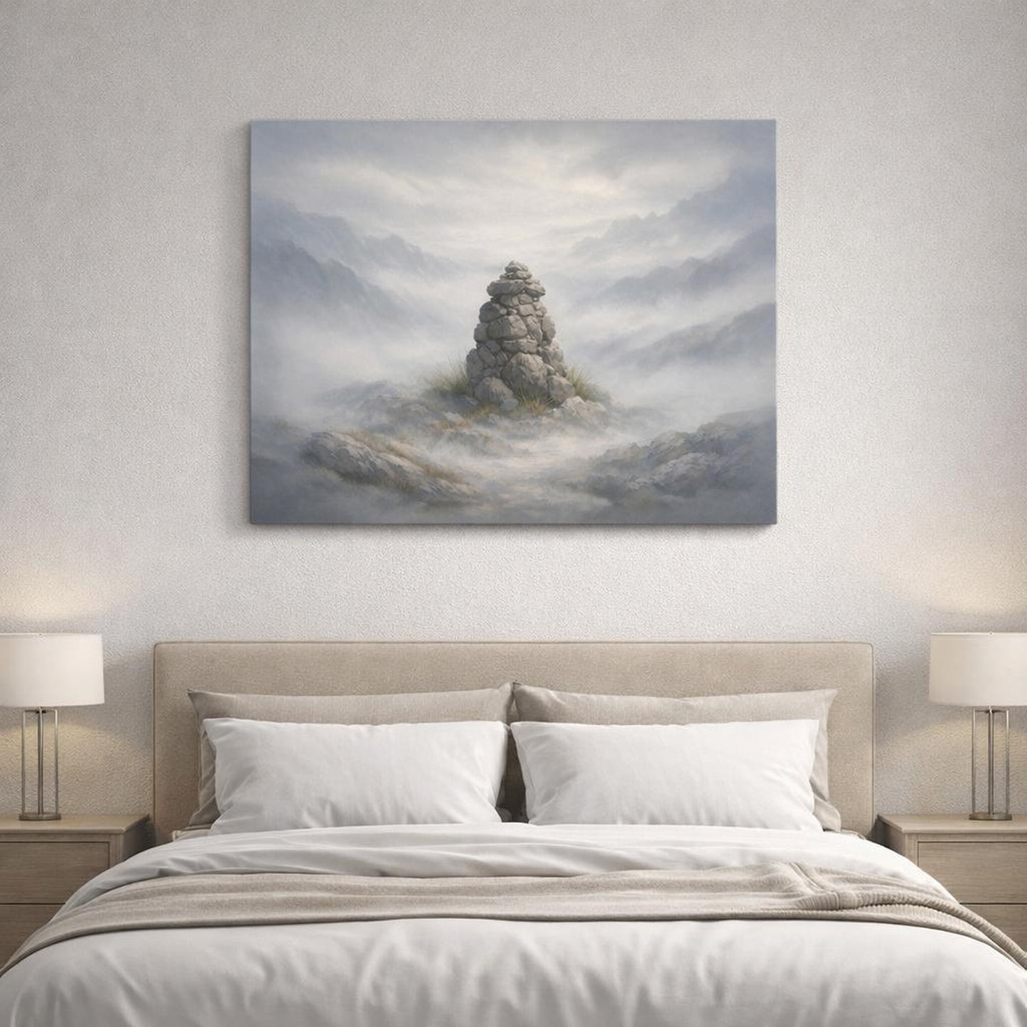 Mist Depth Neutral Texture shown as canvas wall art in a refined dining room