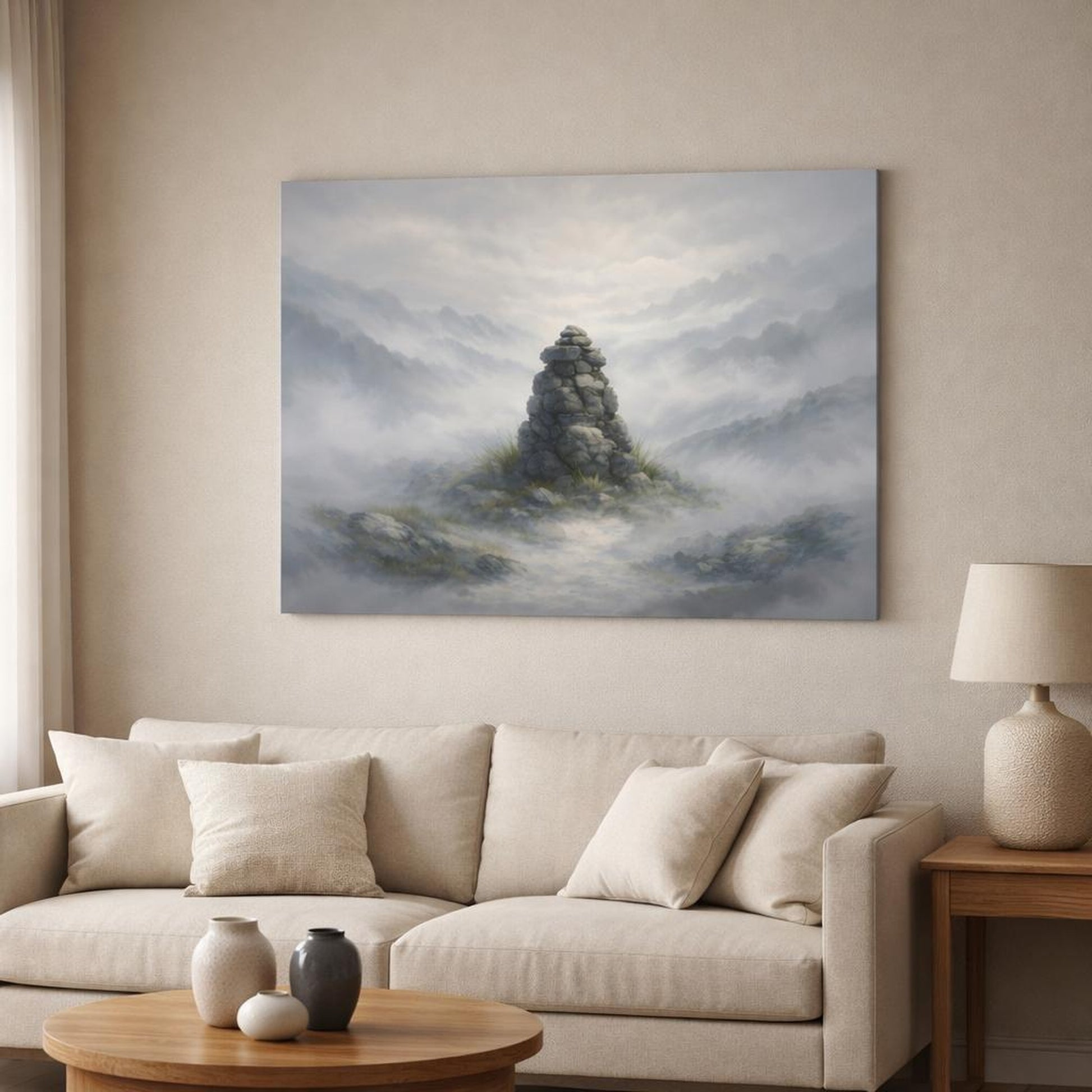 Mist Depth Neutral Texture shown as canvas wall art in a modern living room