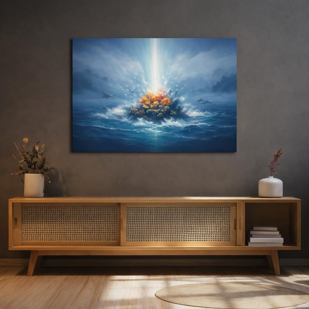 Mist Depth Ocean Bloom shown as canvas wall art in a refined dining room