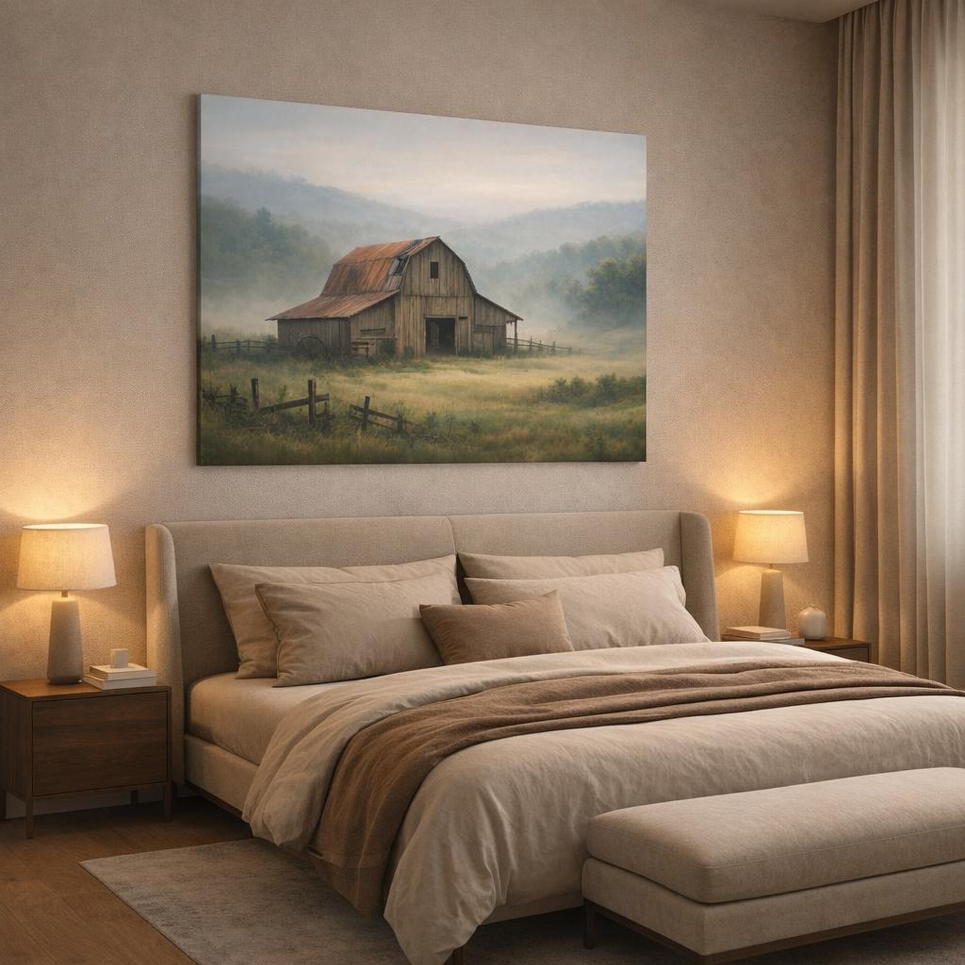 Mist Depth Old Barn shown as canvas wall art in a luxury bedroom