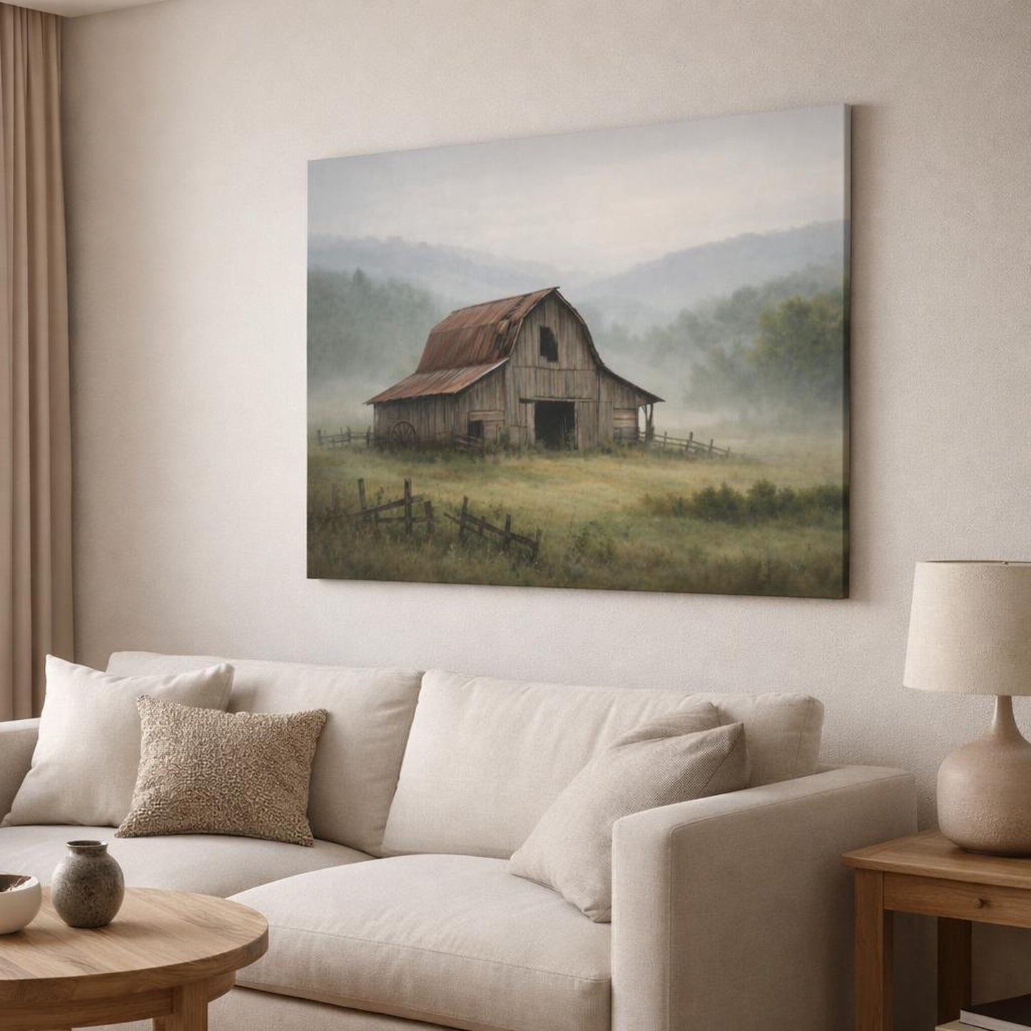 Mist Depth Old Barn shown as canvas wall art in a modern living room