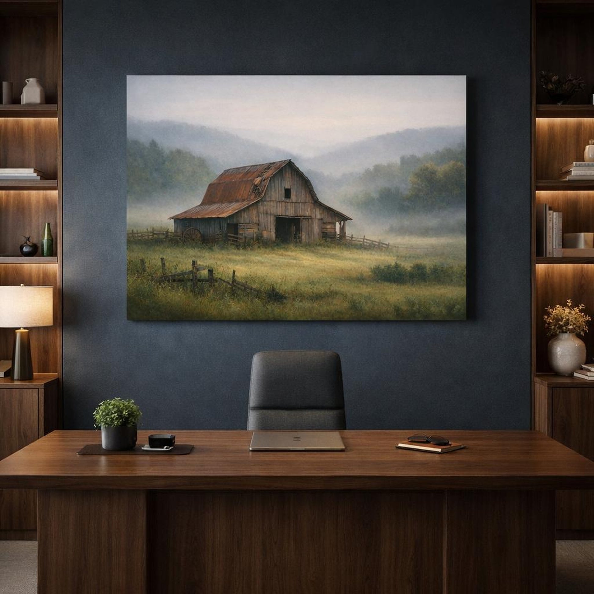 Mist Depth Old Barn shown as canvas wall art in a refined dining room