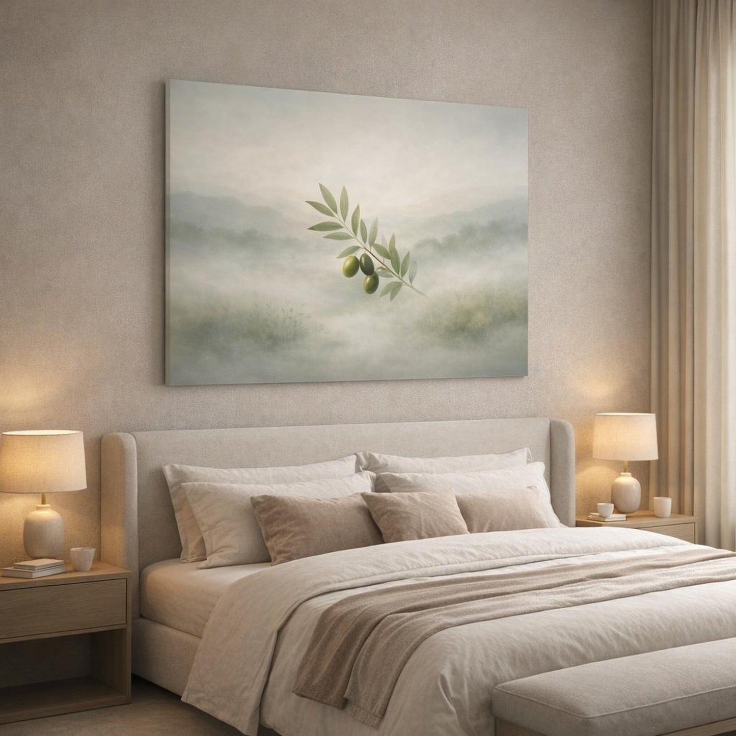Mist Depth Olive Branch shown as canvas wall art in a luxury bedroom