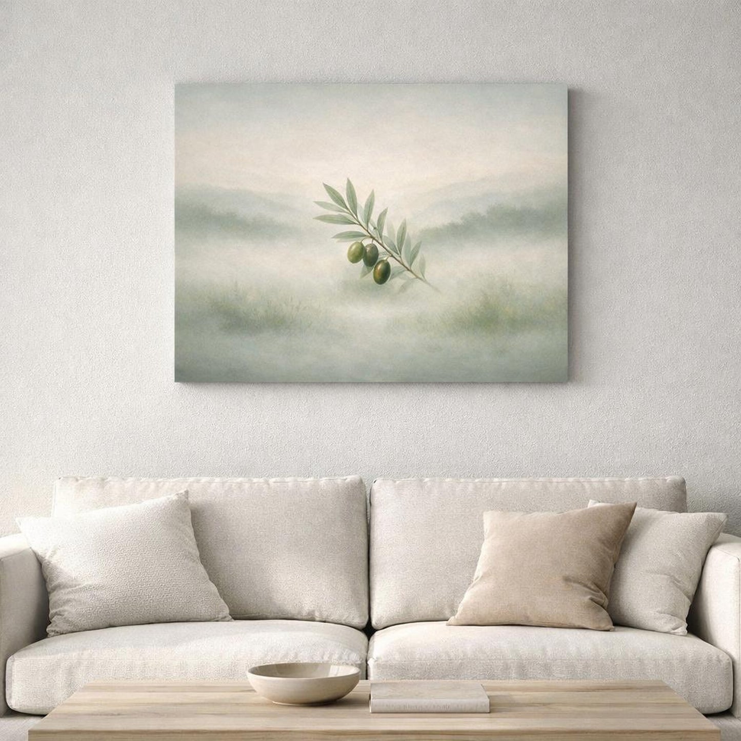 Mist Depth Olive Branch shown as canvas wall art in a refined dining room