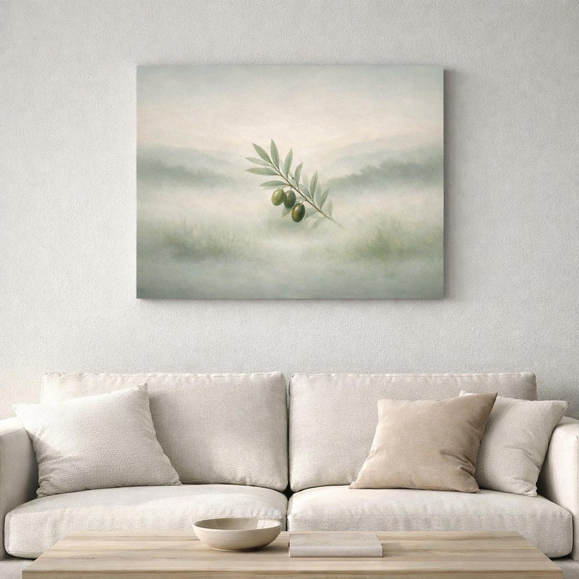 Mist Depth Olive Branch shown as canvas wall art in a refined dining room