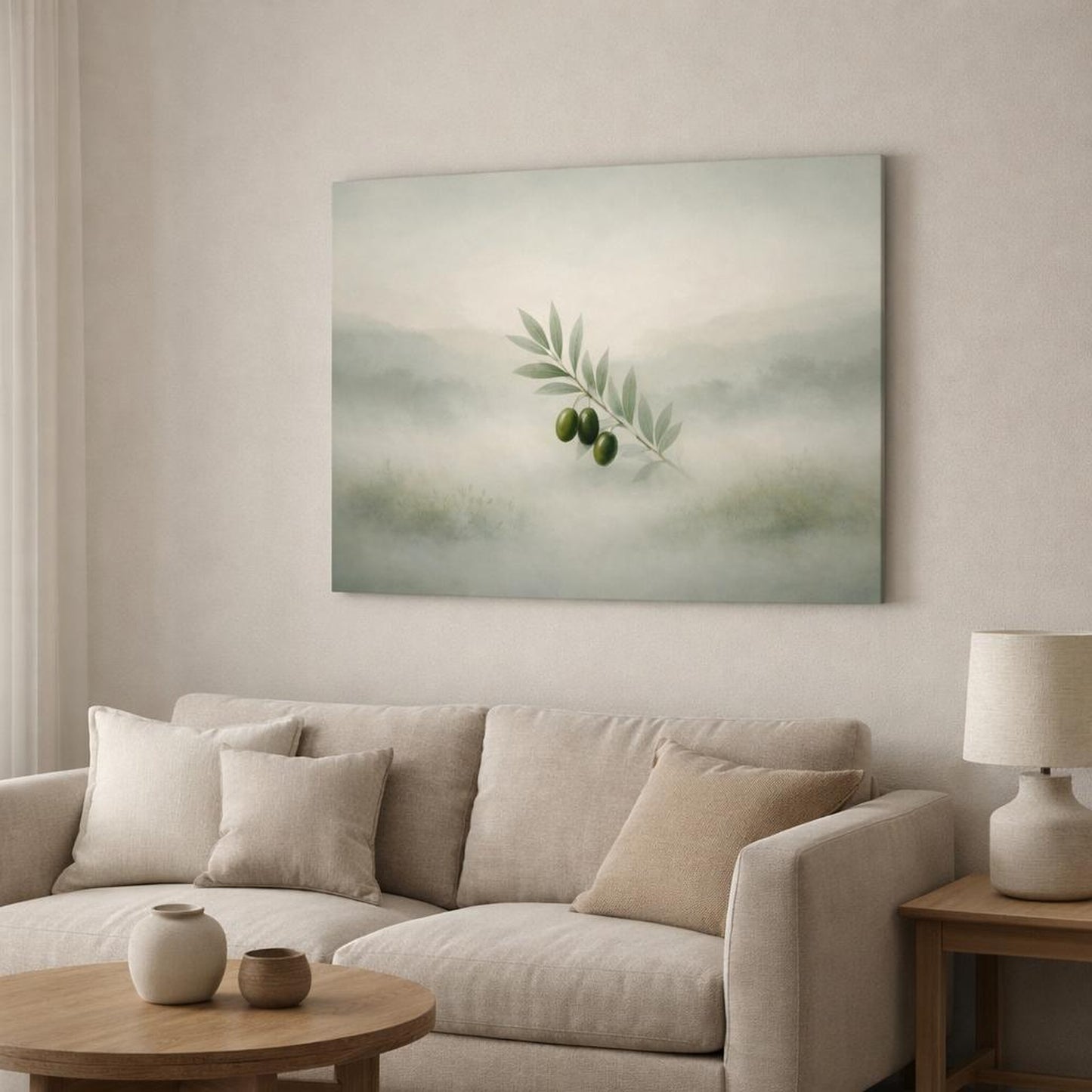 Mist Depth Olive Branch shown as canvas wall art in a modern living room