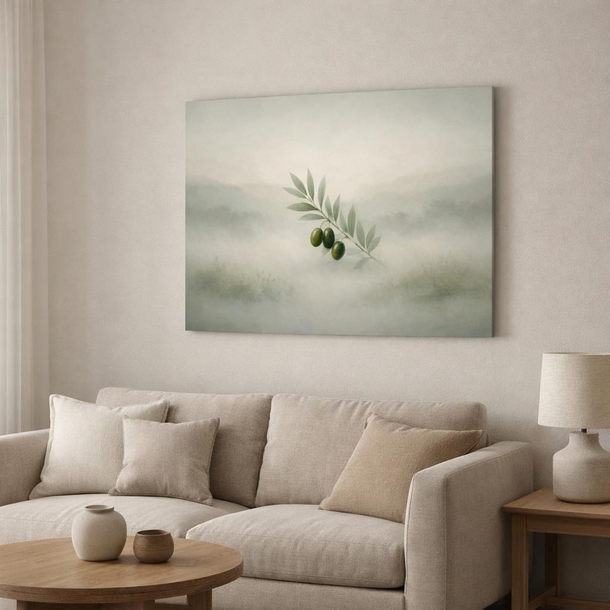 Mist Depth Olive Branch shown as canvas wall art in a modern living room