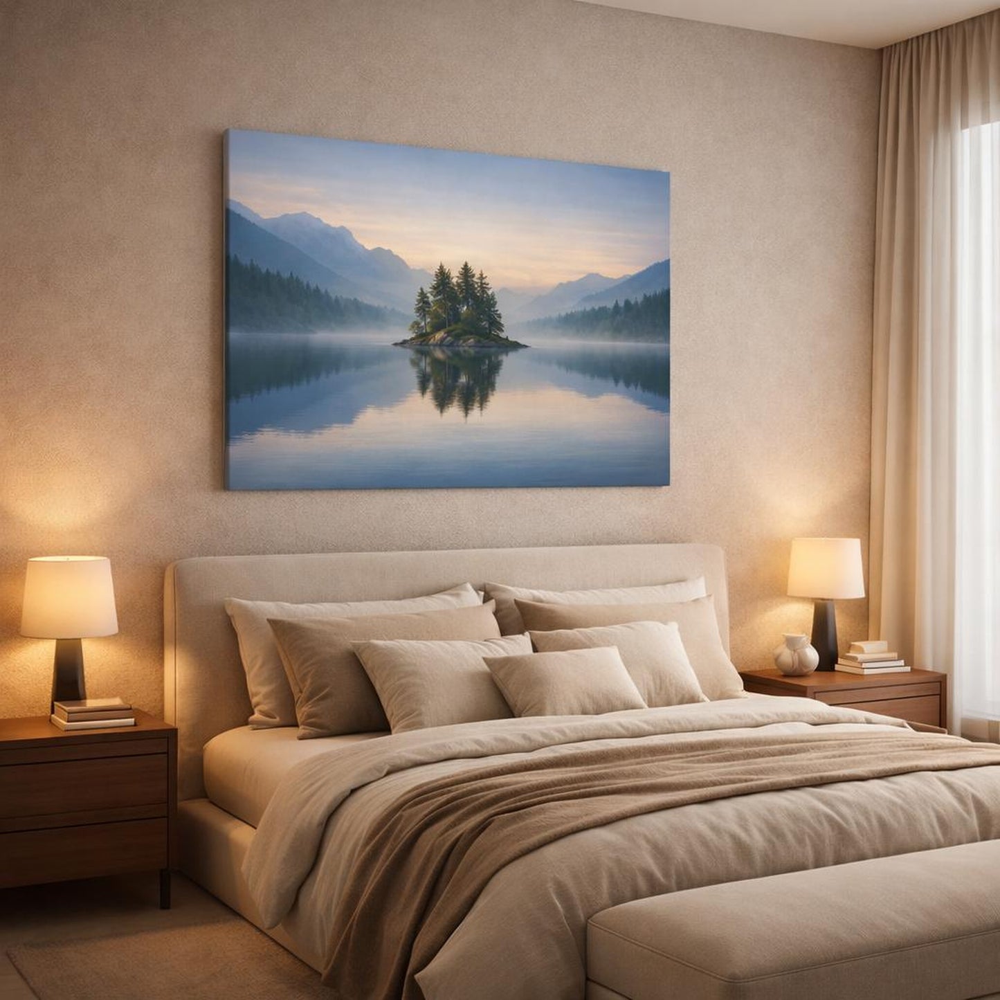 Mist Depth Peaceful Lake shown as canvas wall art in a luxury bedroom