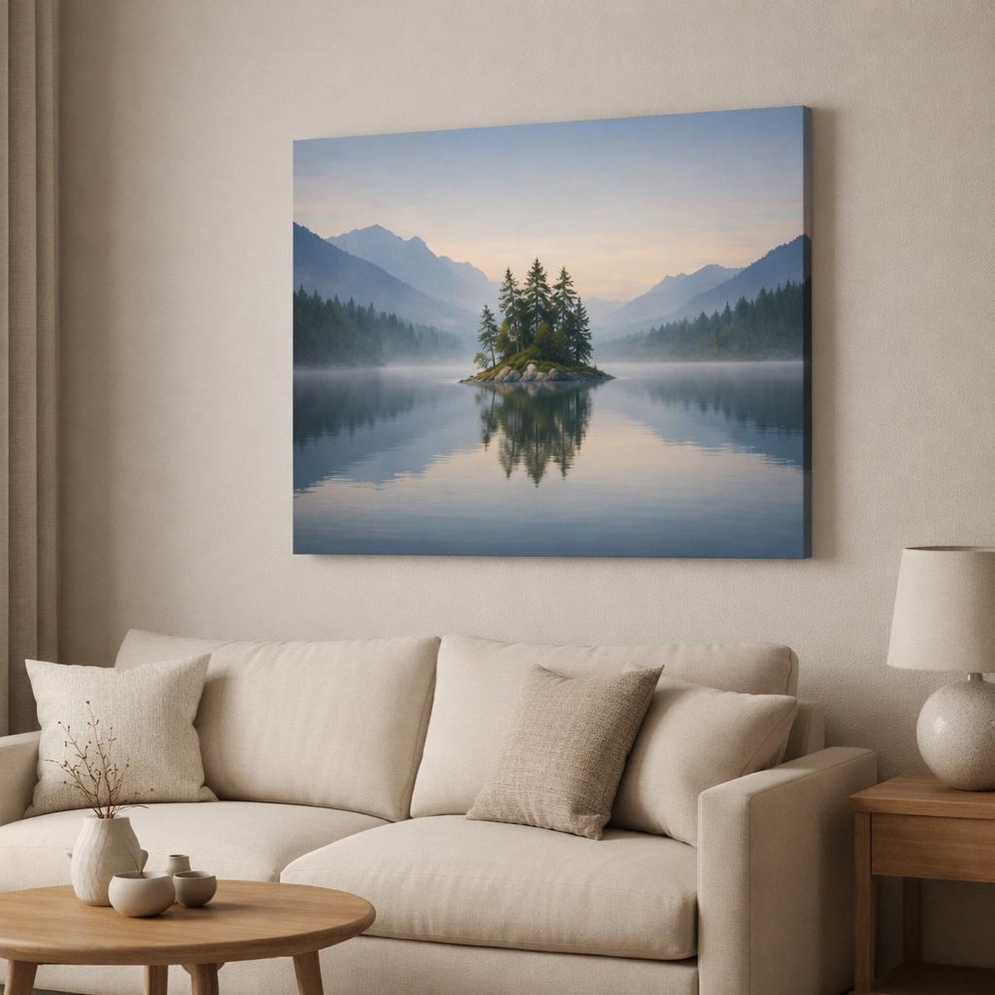 Mist Depth Peaceful Lake shown as canvas wall art in a modern living room