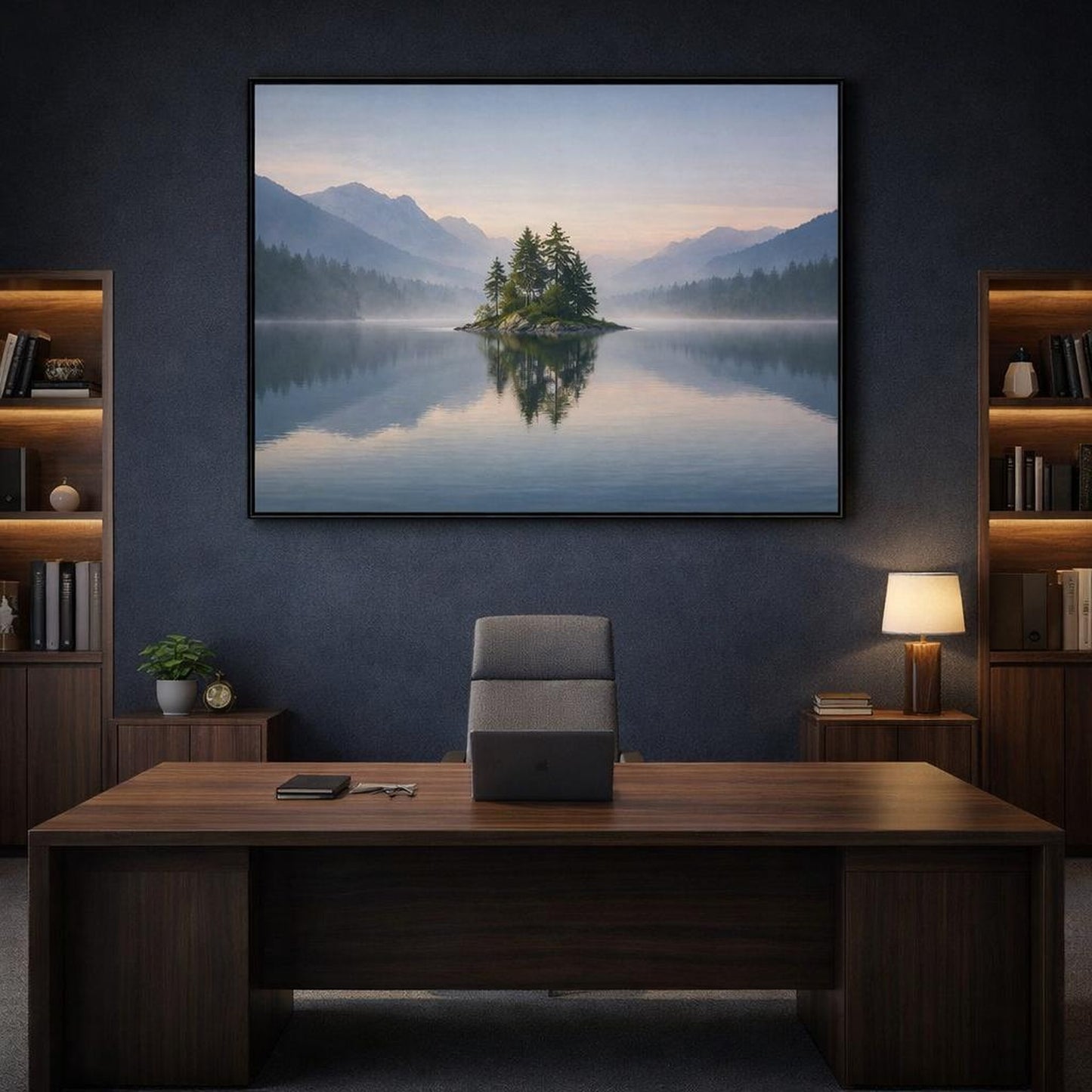 Mist Depth Peaceful Lake shown as canvas wall art in a refined dining room