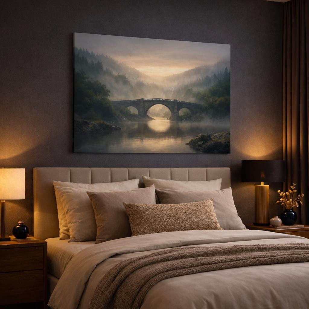 Mist Depth River Bridge shown as canvas wall art in a luxury bedroom