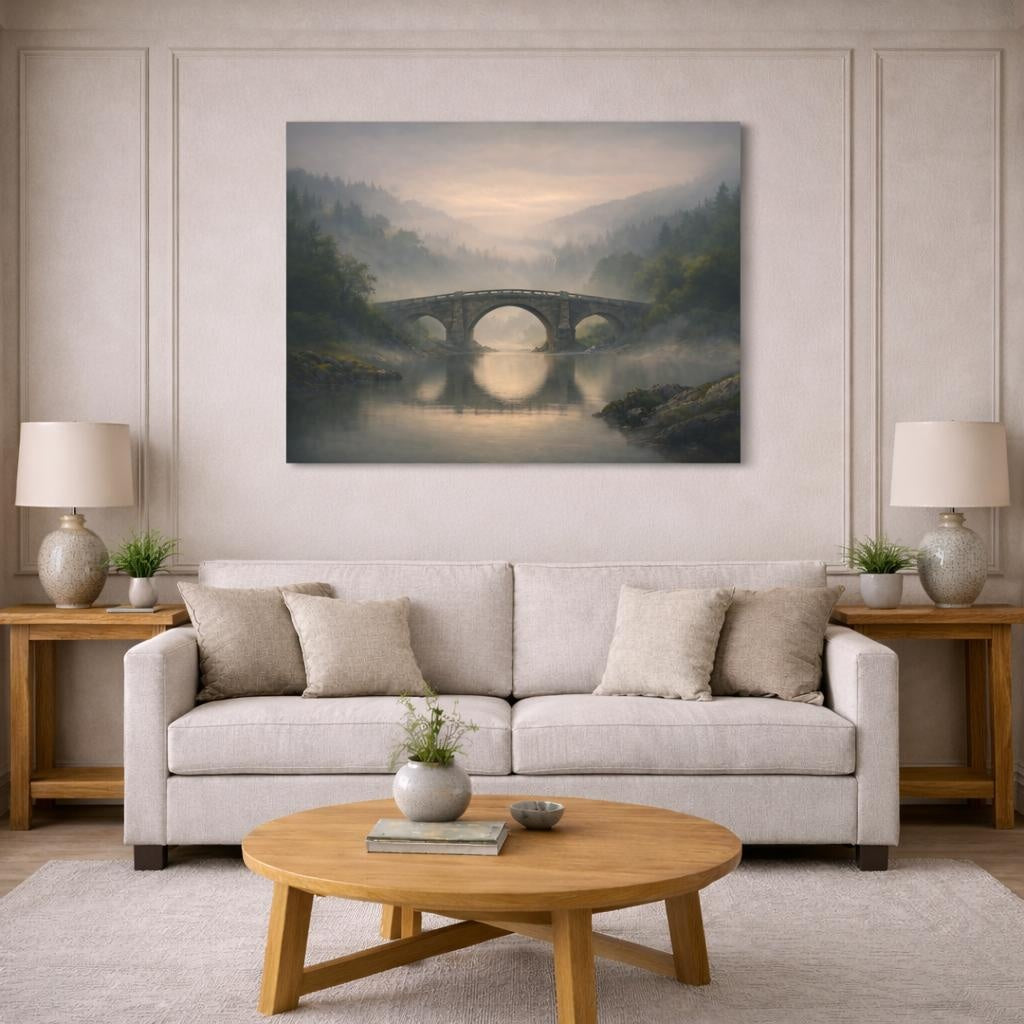 Mist Depth River Bridge shown as canvas wall art in a modern living room
