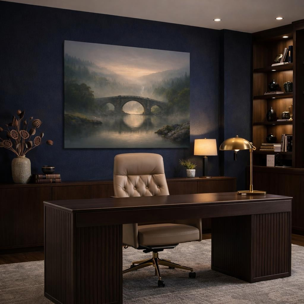 Mist Depth River Bridge shown as canvas wall art in a refined dining room