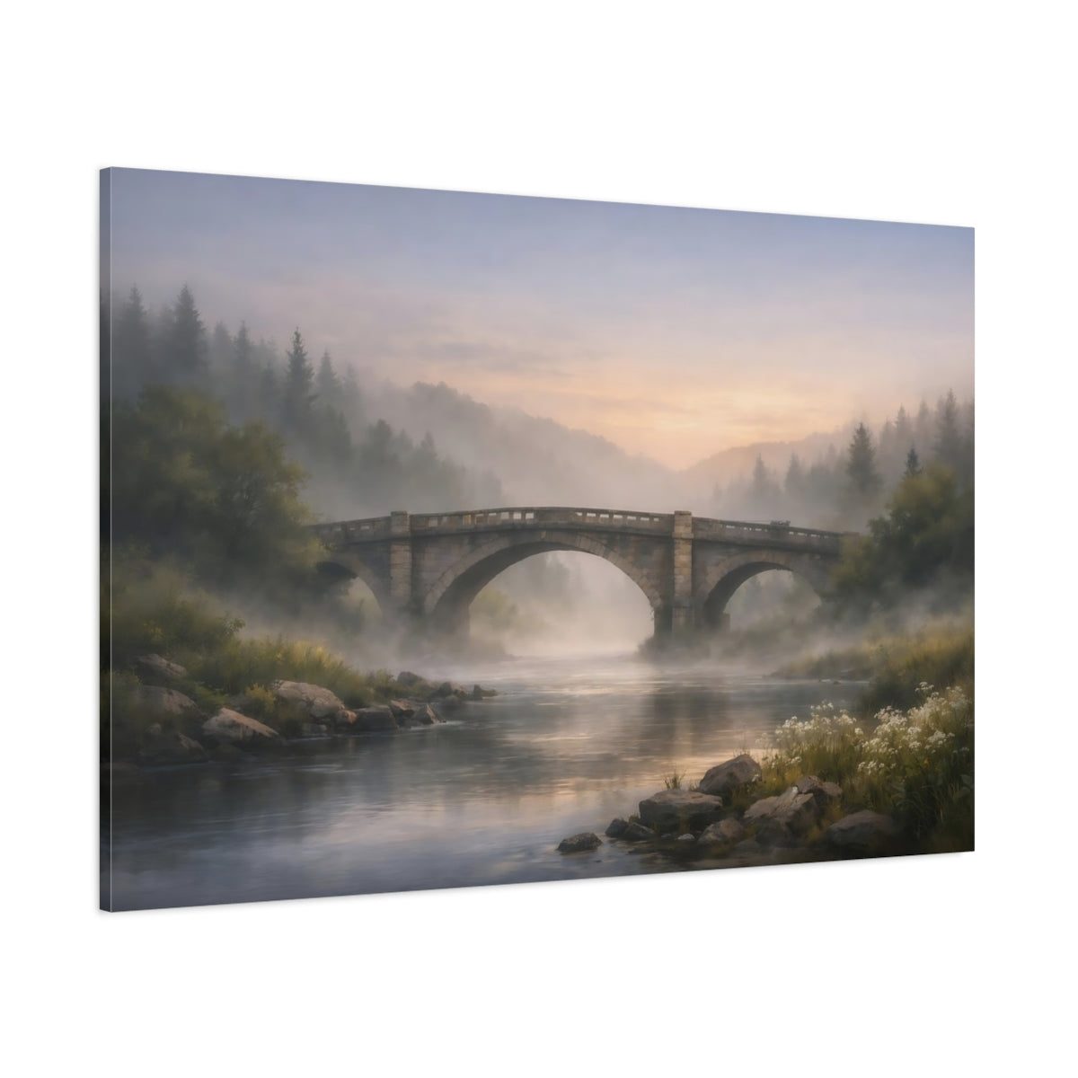 Main Mockup. Mist Depth River Bridge shown as stretched canvas wall art