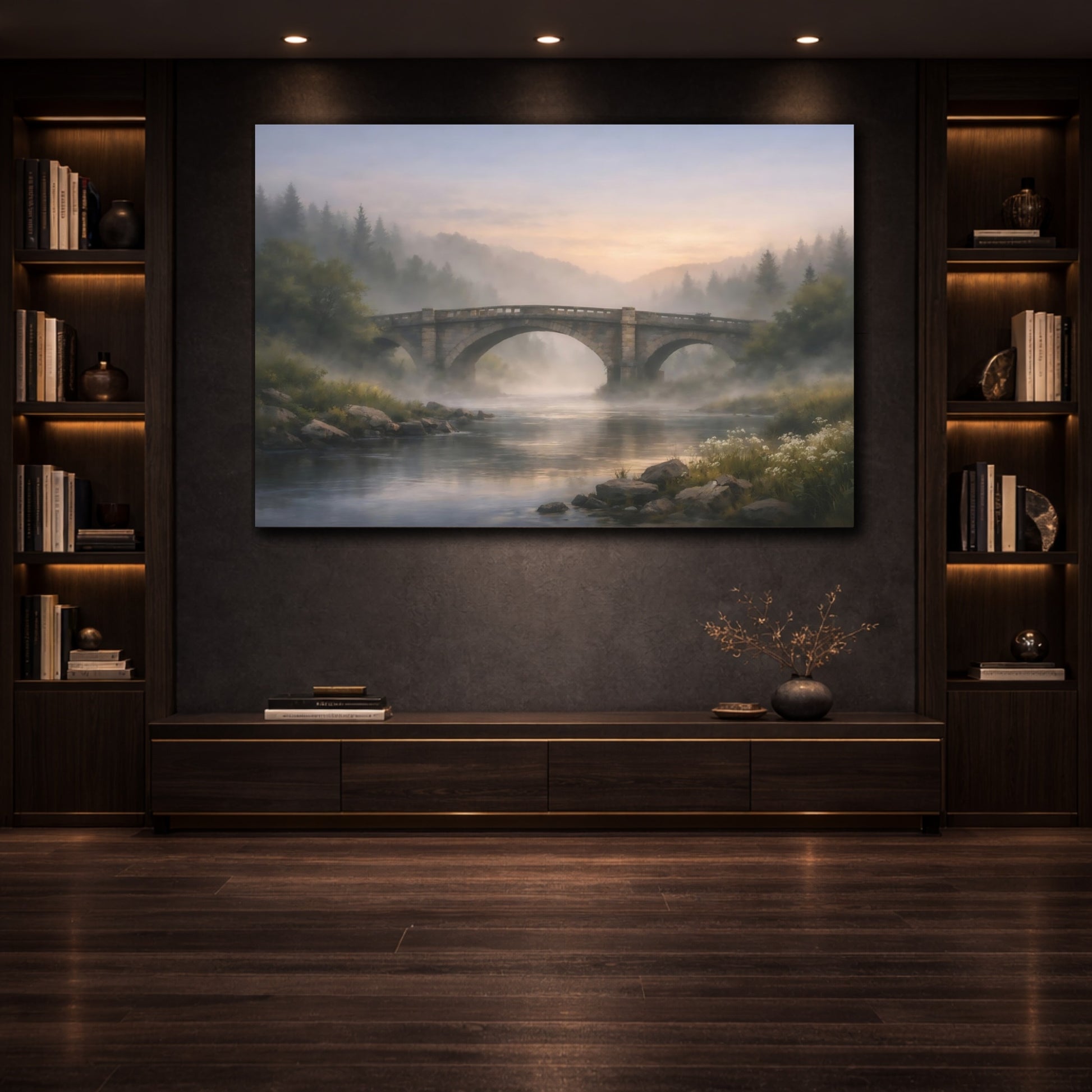 Mockup 2. Mist Depth River Bridge shown as stretched canvas wall art