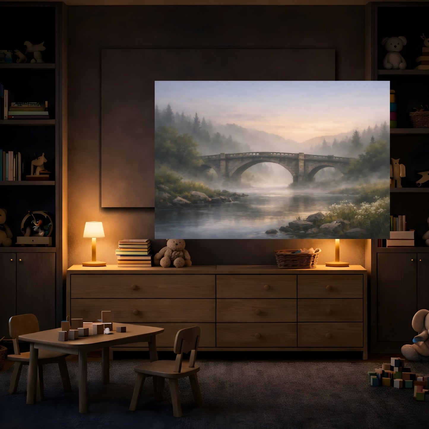 Mockup 3. Mist Depth River Bridge shown as stretched canvas wall art