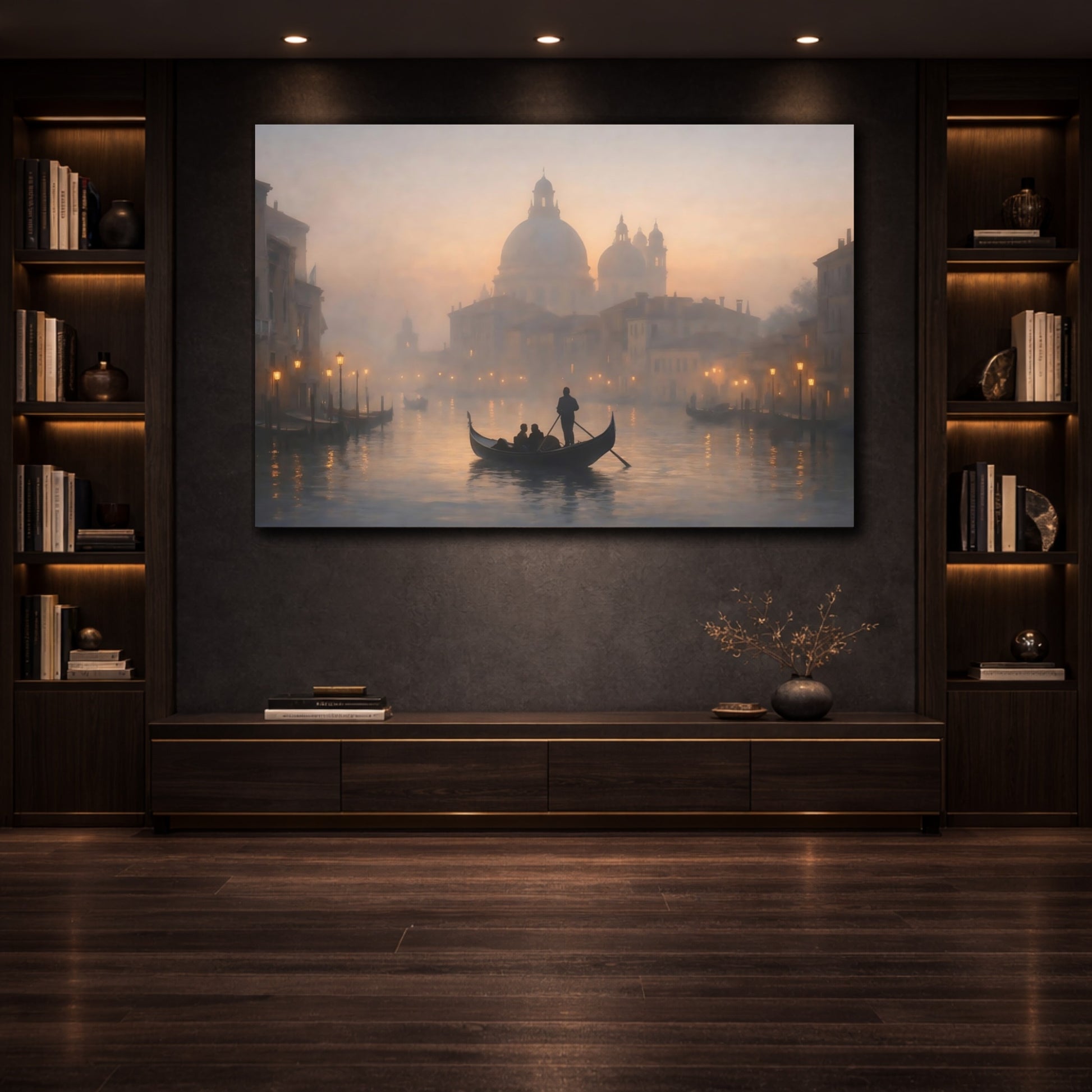 Mockup 2. Mist Depth Romantic Canal shown as stretched canvas wall art