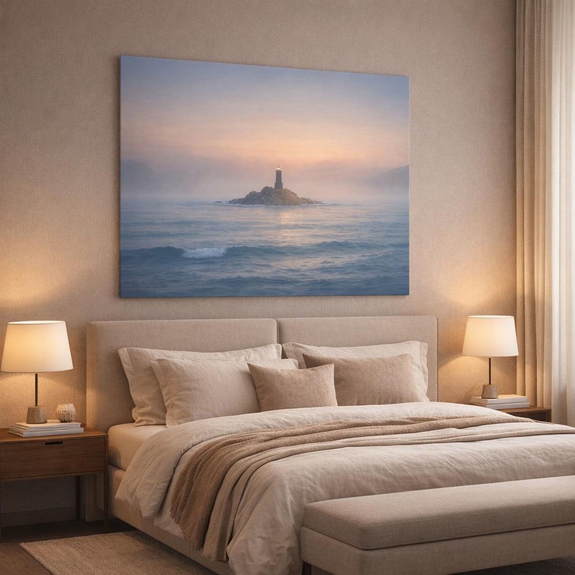 Mist Depth Seascape Horizon shown as canvas wall art in a luxury bedroom