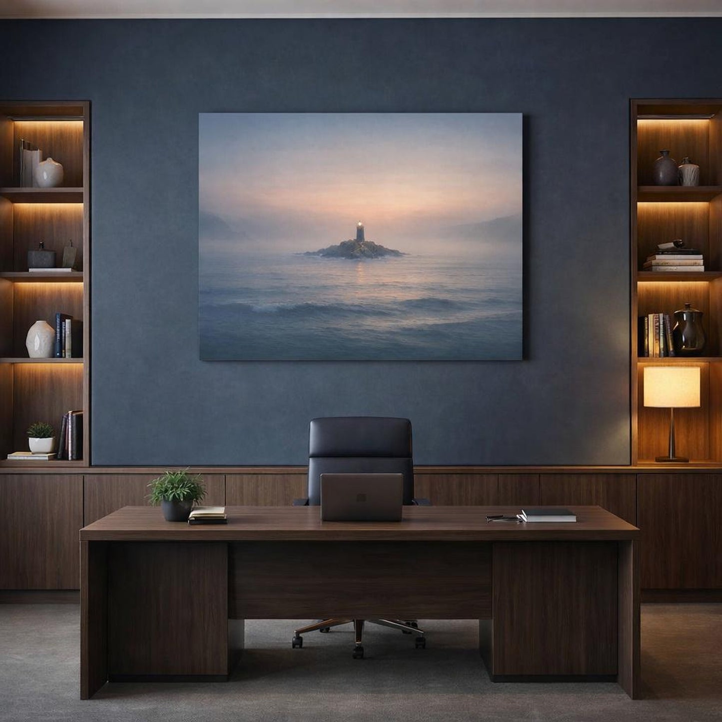 Mist Depth Seascape Horizon shown as canvas wall art in a refined dining room