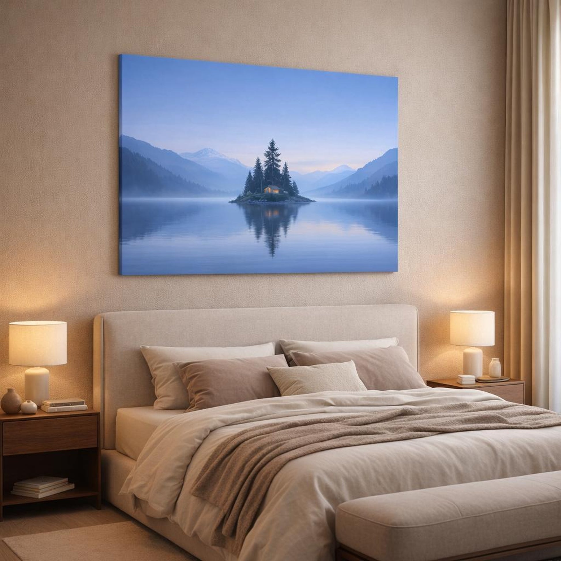 Mist Depth Sky Blue shown as canvas wall art in a luxury bedroom