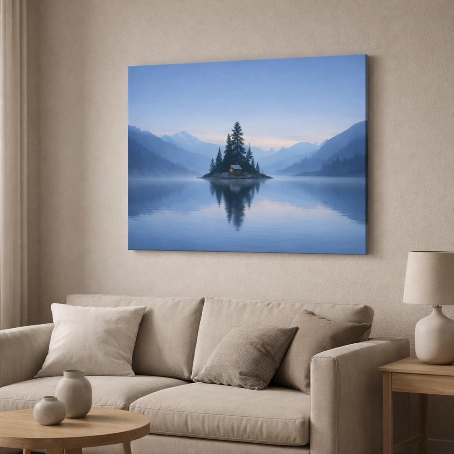 Mist Depth Sky Blue shown as canvas wall art in a modern living room