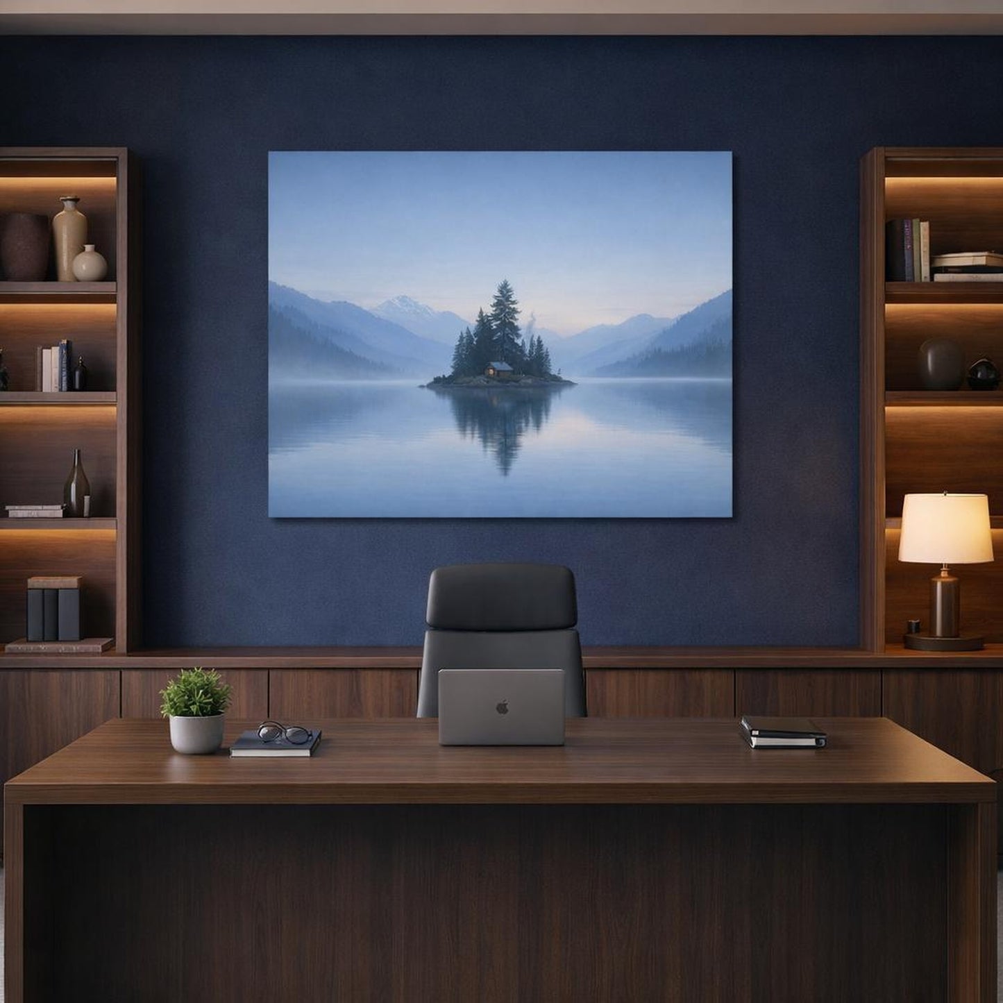 Mist Depth Sky Blue shown as canvas wall art in a refined dining room
