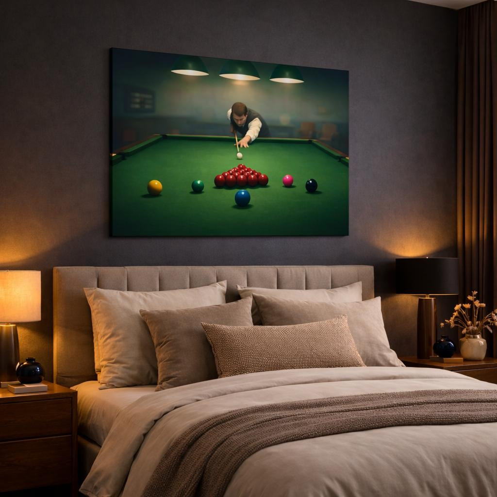 Mist Depth Snooker shown as canvas wall art in a luxury bedroom