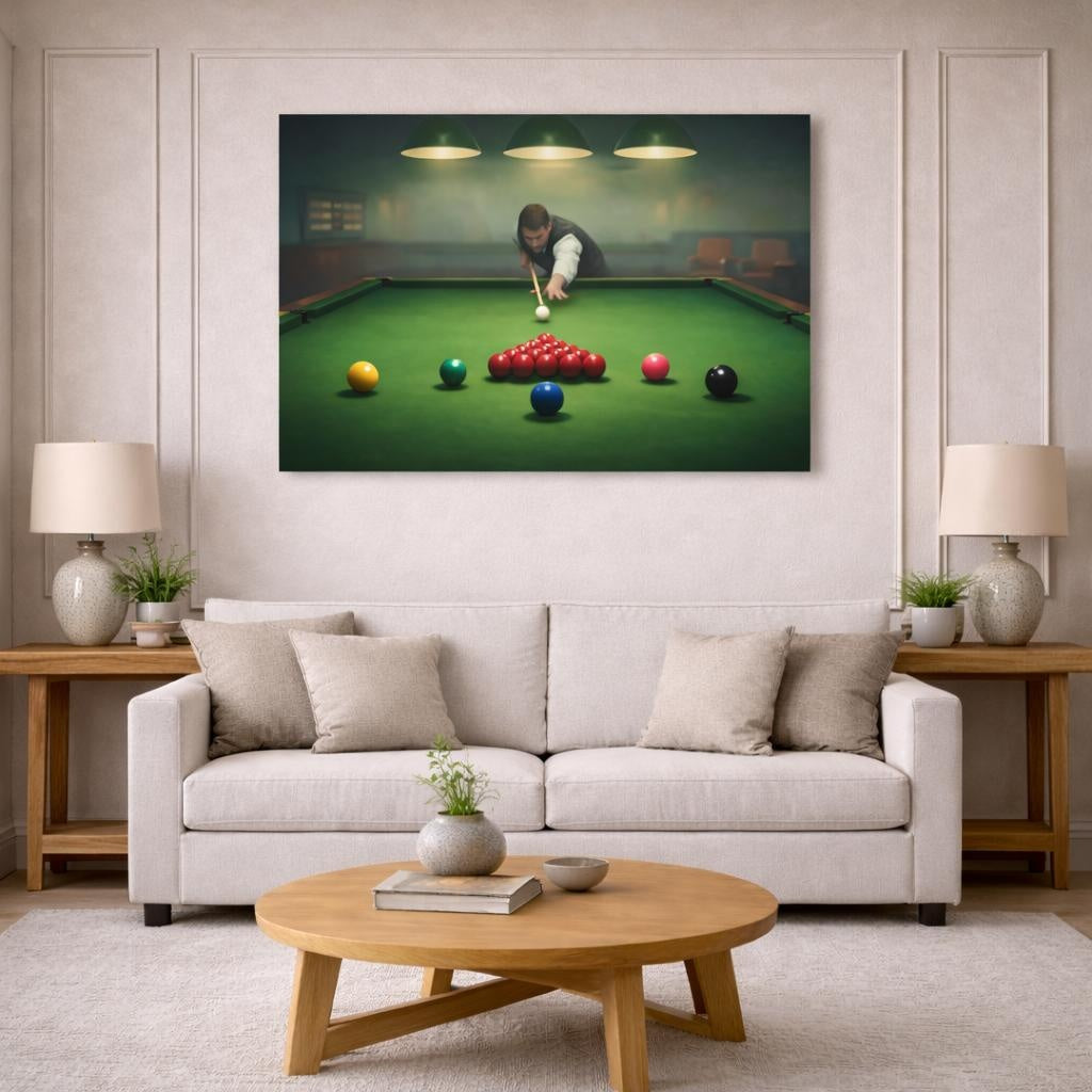 Mist Depth Snooker shown as canvas wall art in a modern living room