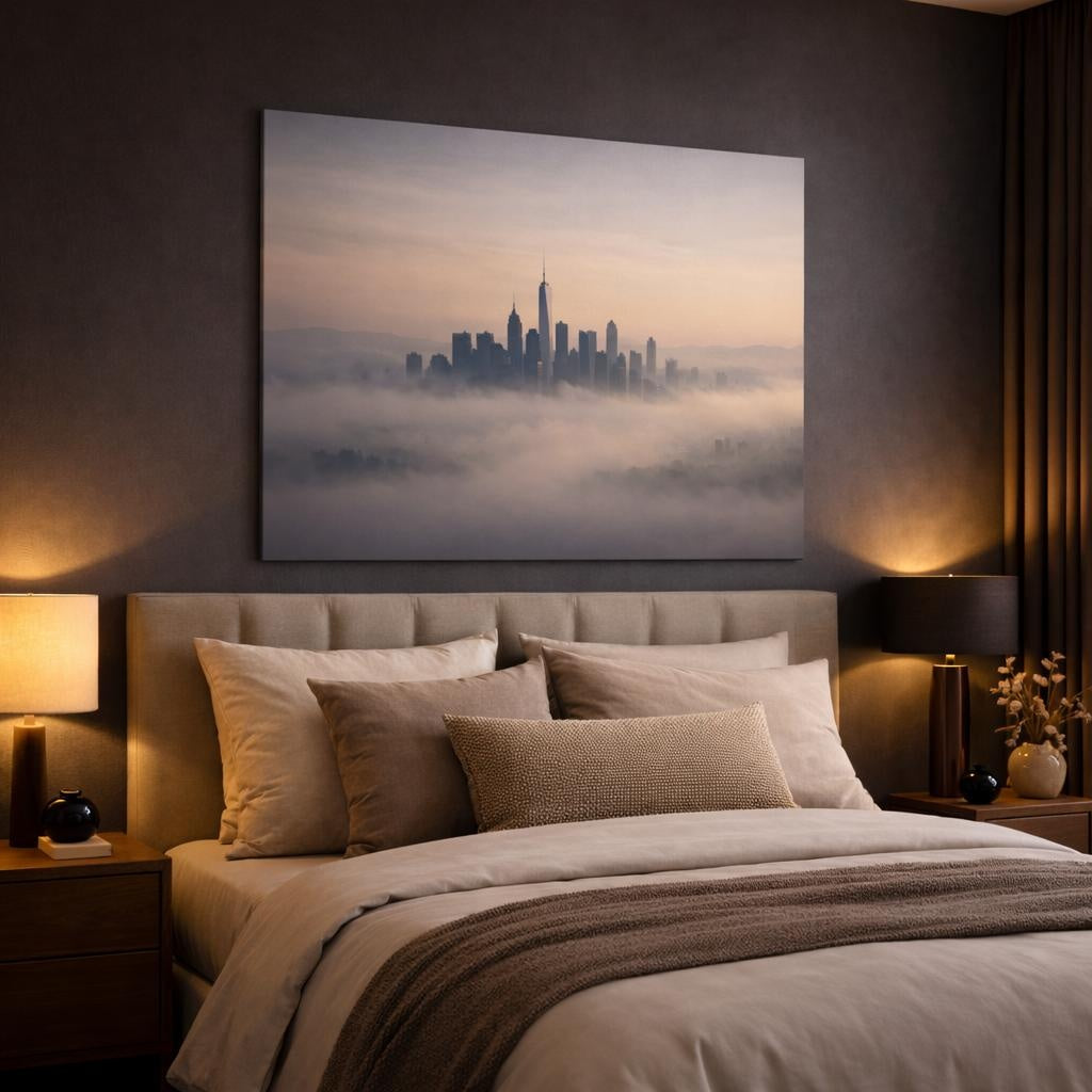 Mist Depth Soft Neutral Skyline shown as canvas wall art in a luxury bedroom