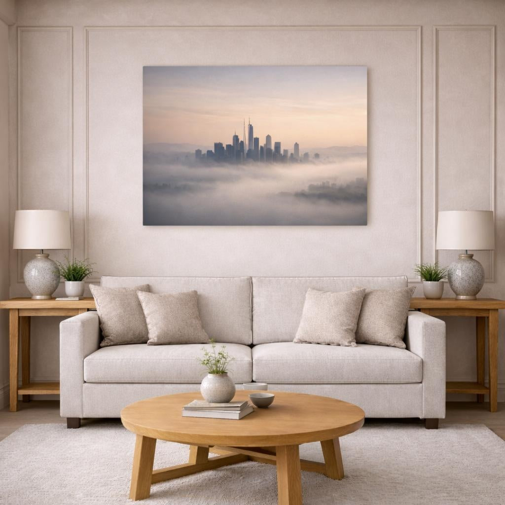 Mist Depth Soft Neutral Skyline shown as canvas wall art in a modern living room
