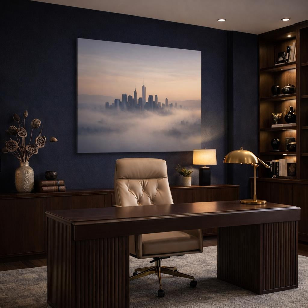 Mist Depth Soft Neutral Skyline shown as canvas wall art in a refined dining room